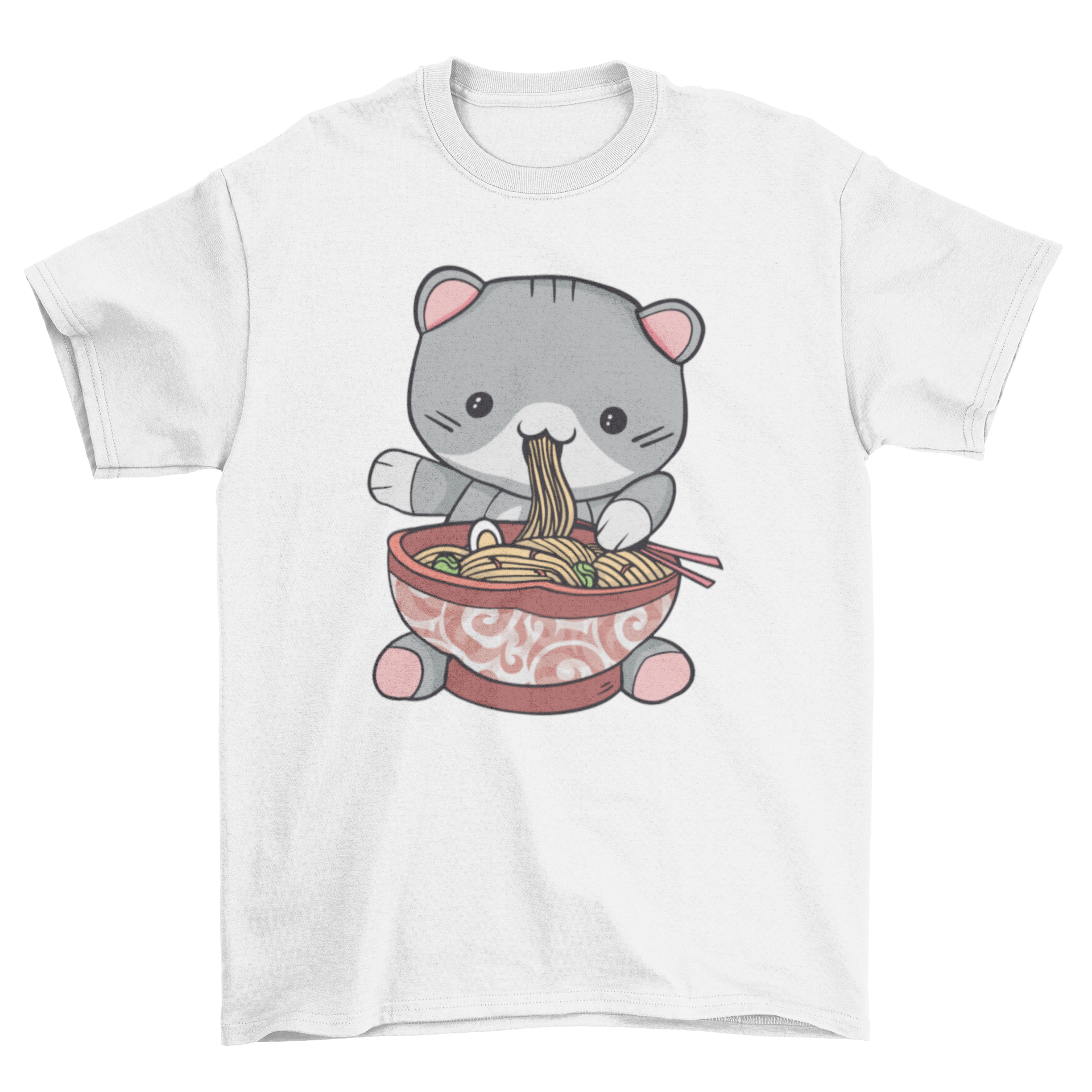 Kawaii ramen cat t-shirt featuring a cute cat eating ramen, colorful design.