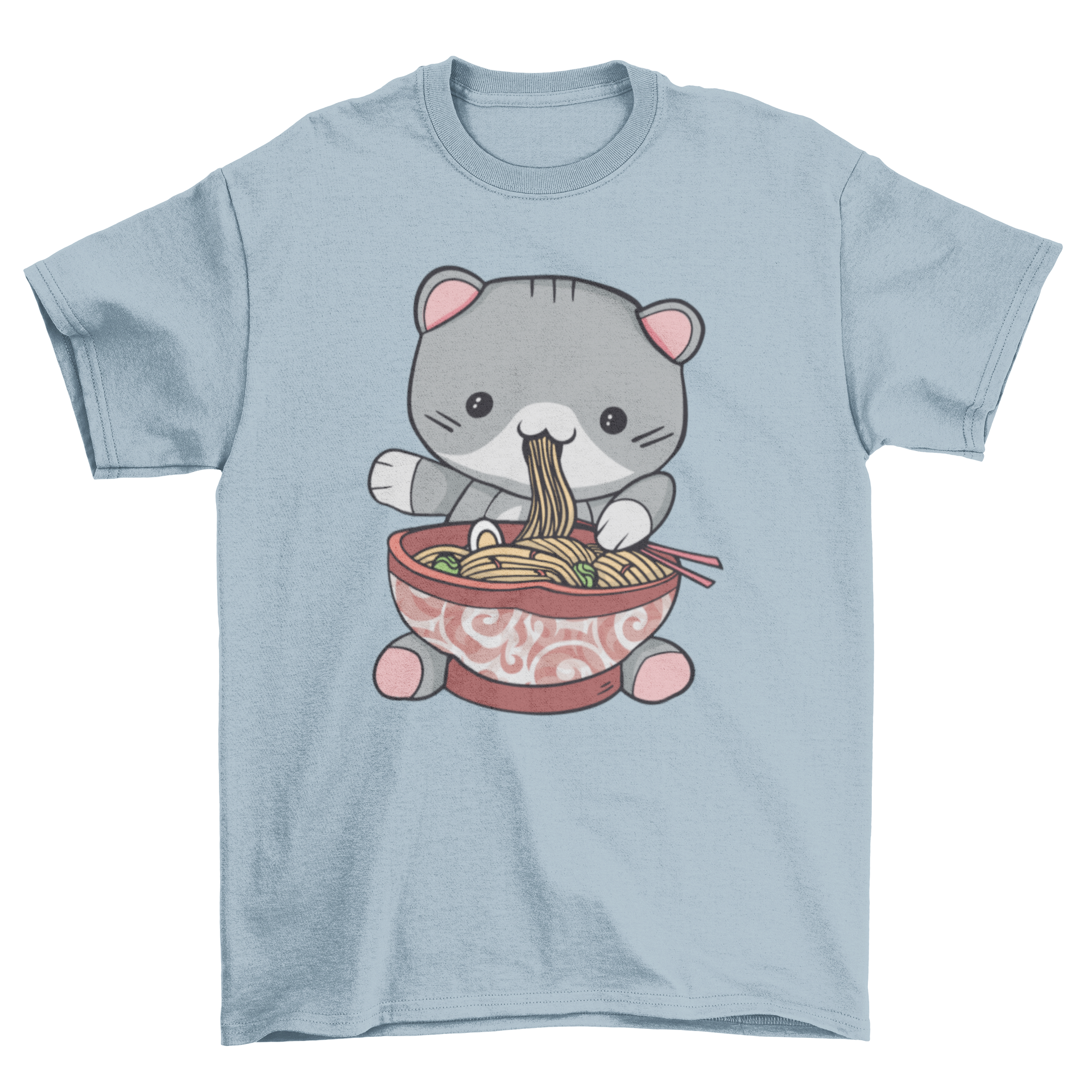 Kawaii ramen cat t-shirt featuring a cute cat eating ramen, colorful design.