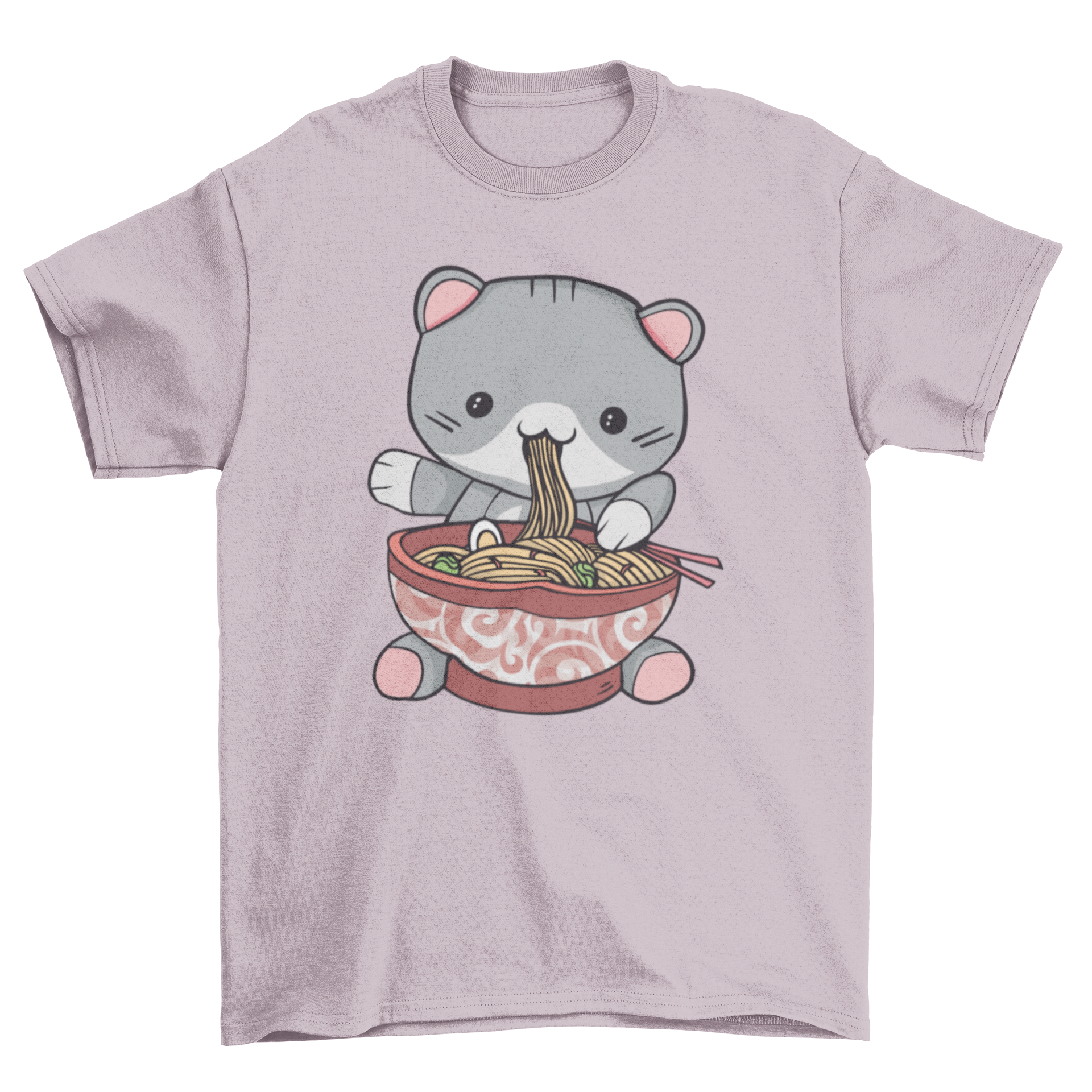 Kawaii ramen cat t-shirt featuring a cute cat eating ramen, colorful design.