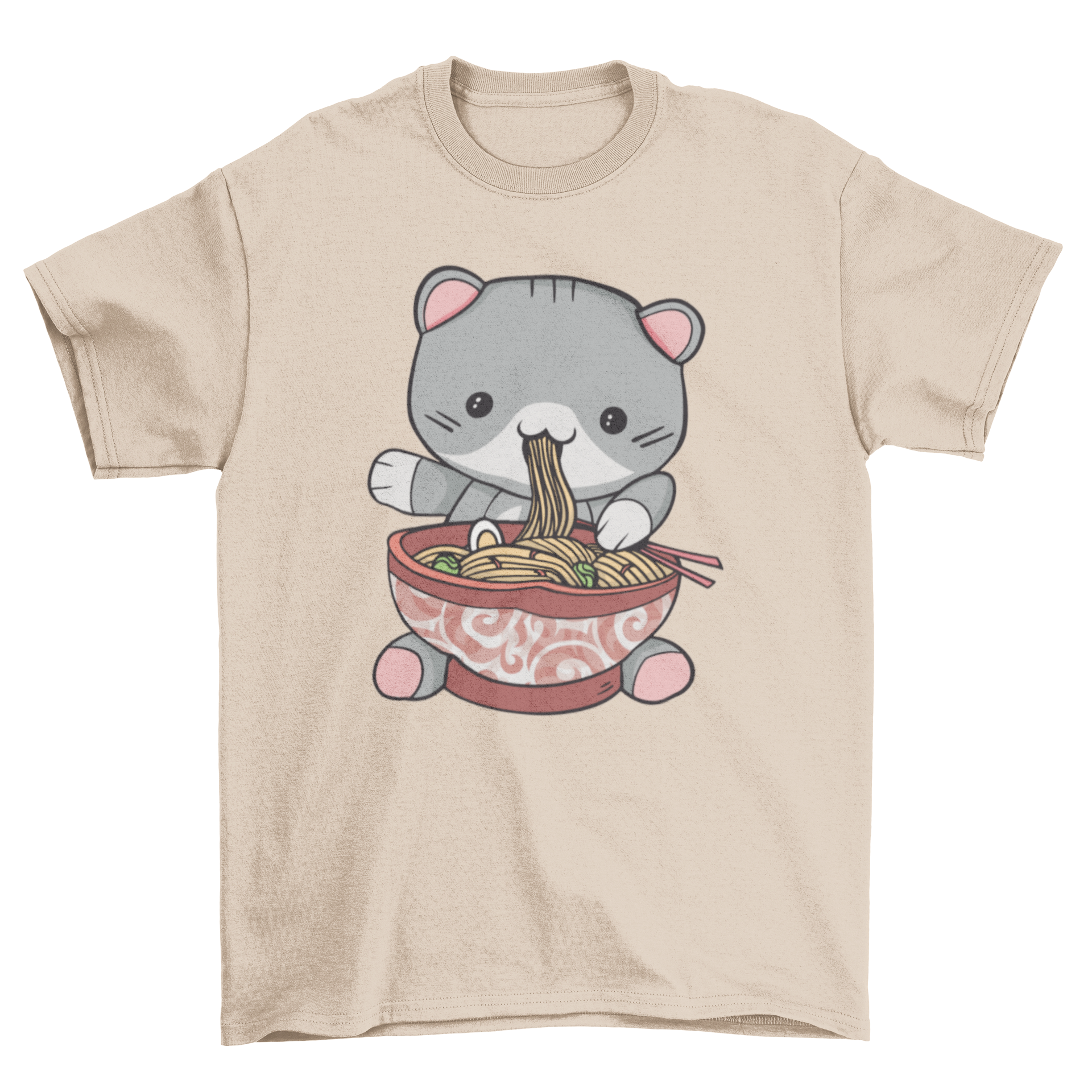 Kawaii ramen cat t-shirt featuring a cute cat eating ramen, colorful design.