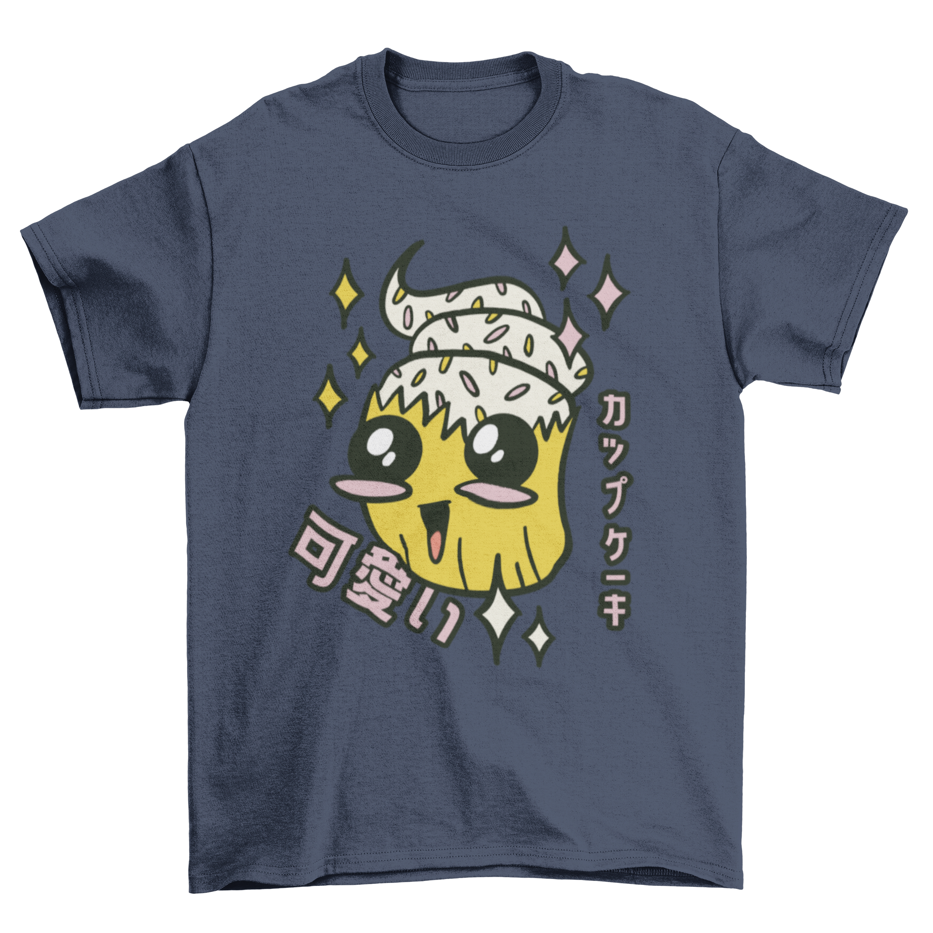 A cute t-shirt featuring a kawaii cupcake design with colorful sprinkles, perfect for cupcake lovers.