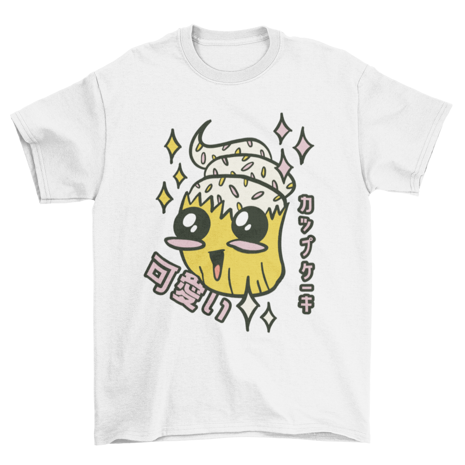 A cute t-shirt featuring a kawaii cupcake design with colorful sprinkles, perfect for cupcake lovers.