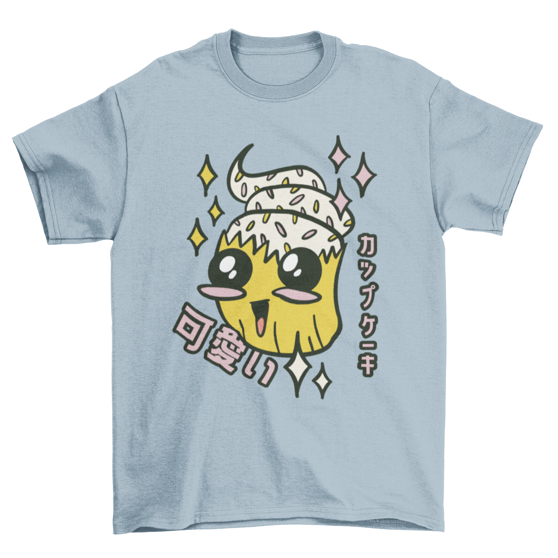 A cute t-shirt featuring a kawaii cupcake design with colorful sprinkles, perfect for cupcake lovers.