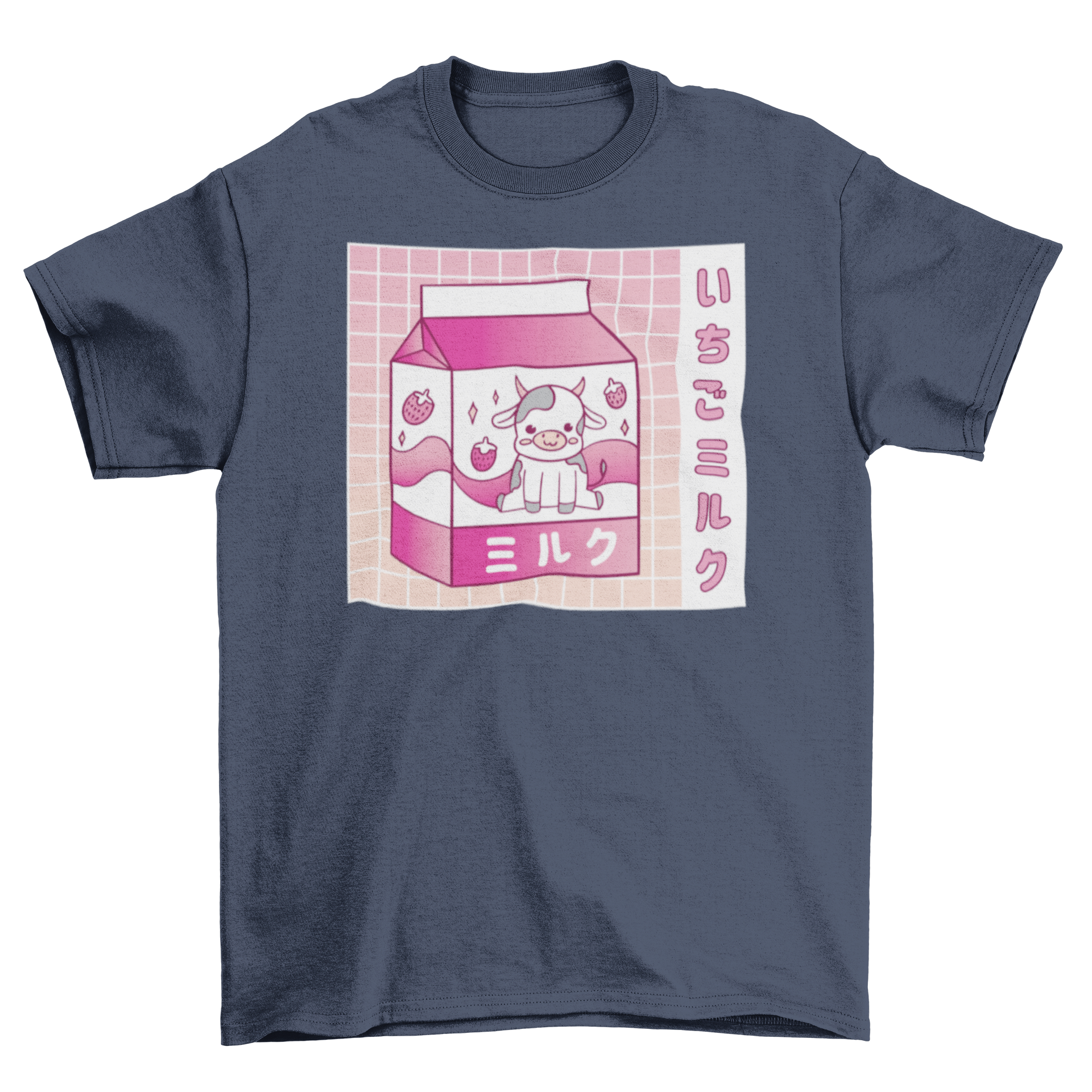 Kawaii strawberry milk cow t-shirt featuring a cute cow and strawberry milk carton design with Japanese characters.