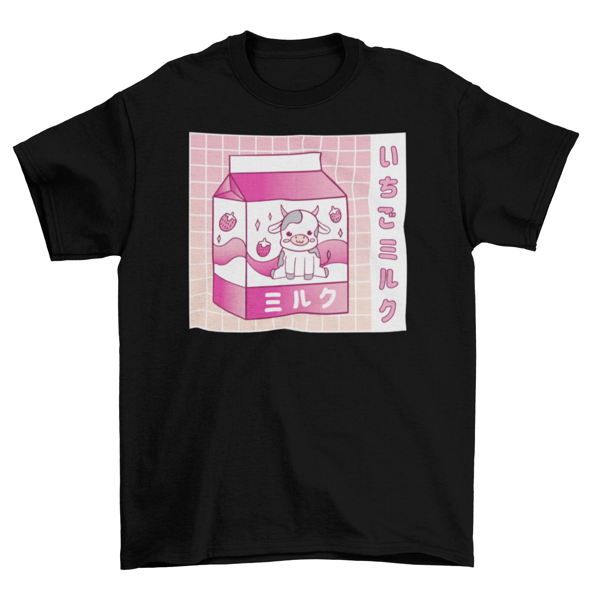 Kawaii strawberry milk cow t-shirt featuring a cute cow and strawberry milk carton design with Japanese characters.