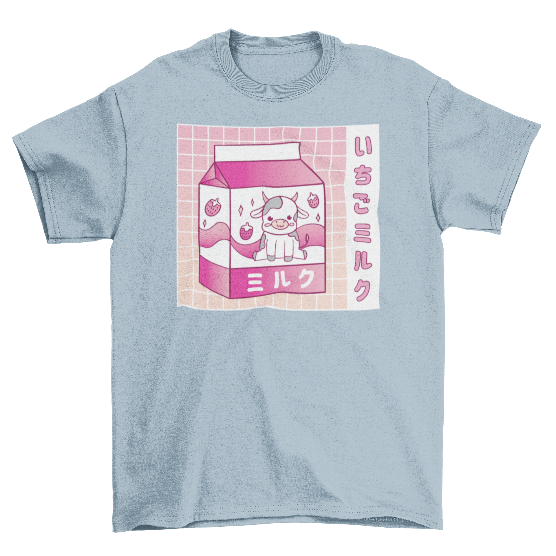 Kawaii strawberry milk cow t-shirt featuring a cute cow and strawberry milk carton design with Japanese characters.