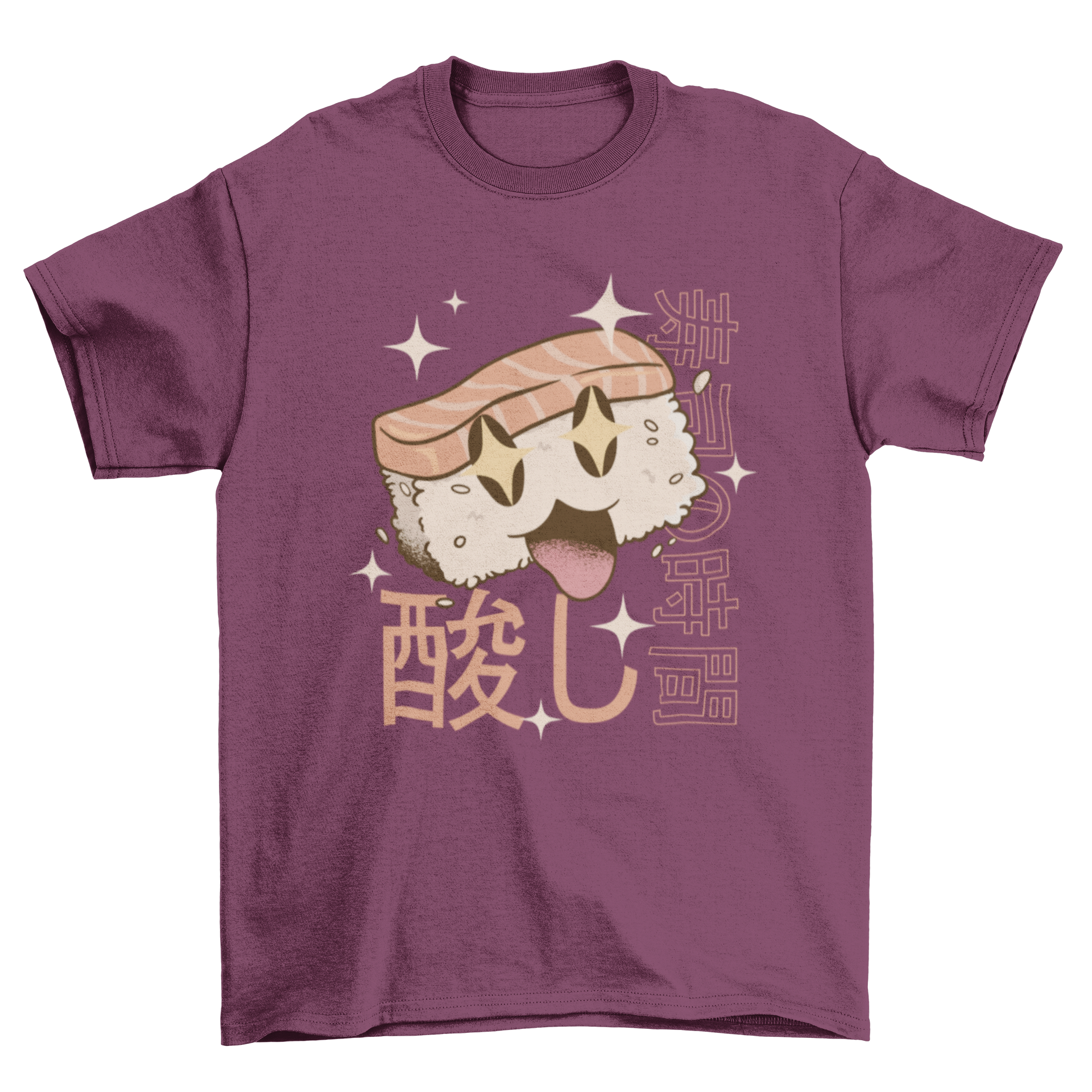 Kawaii sushi t-shirt design featuring a cute sushi piece and Japanese quote 'Sushi time'.