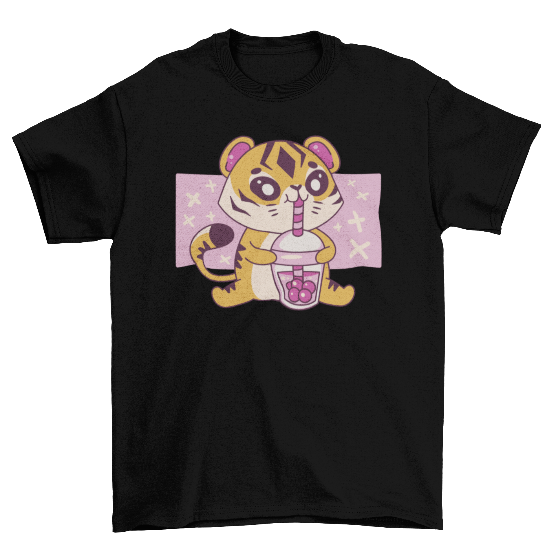 Kawaii tiger t-shirt featuring a cute tiger drinking boba tea, showcasing vibrant colors and playful design.