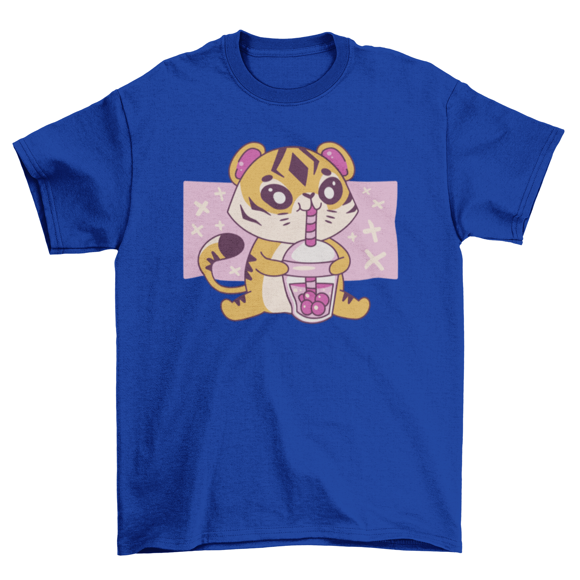 Kawaii tiger t-shirt featuring a cute tiger drinking boba tea, showcasing vibrant colors and playful design.