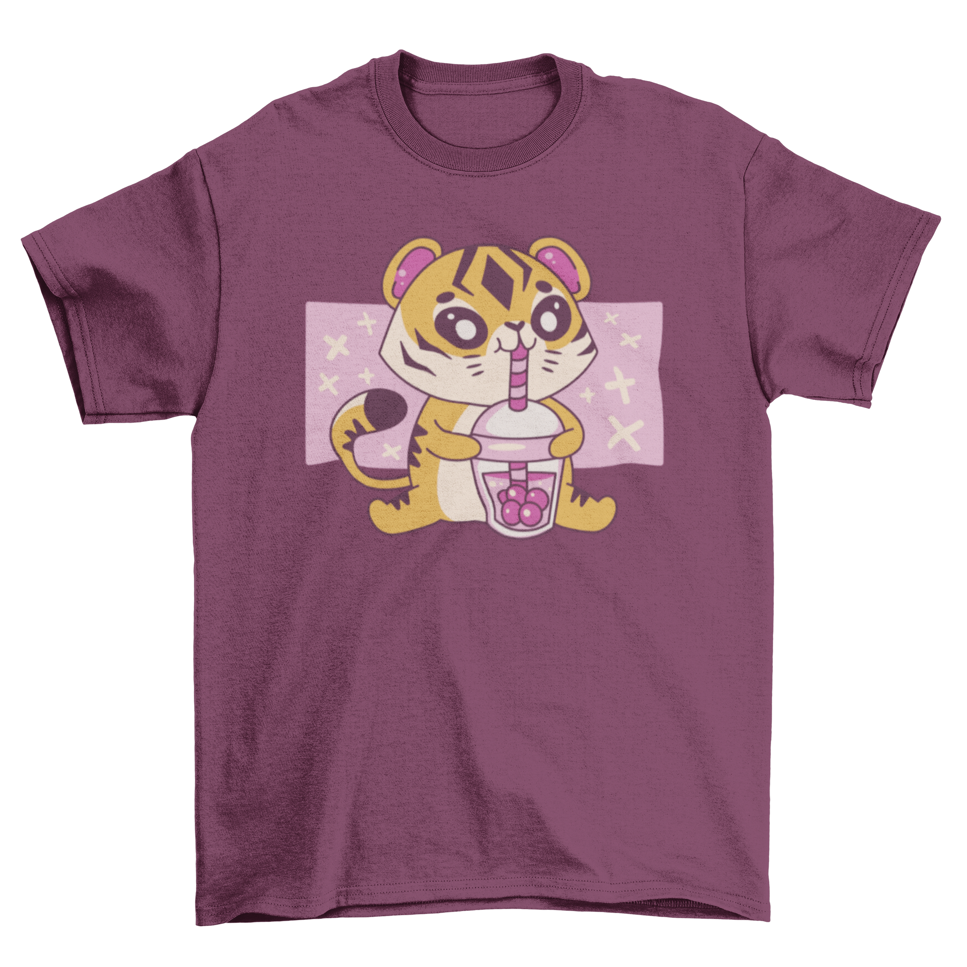 Kawaii tiger t-shirt featuring a cute tiger drinking boba tea, showcasing vibrant colors and playful design.