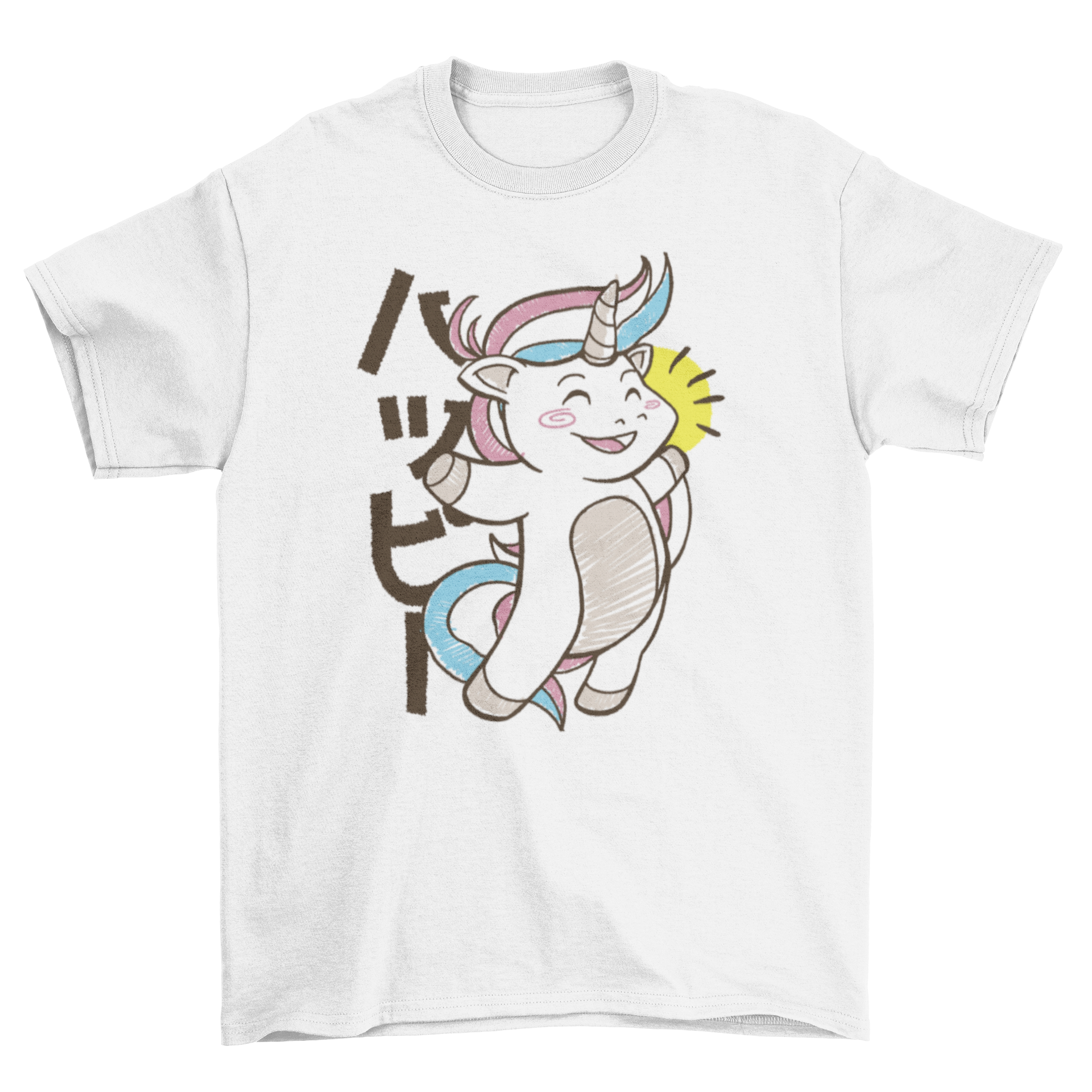 A vibrant Kawaii unicorn jumping happily on a t-shirt, showcasing a playful and colorful design.