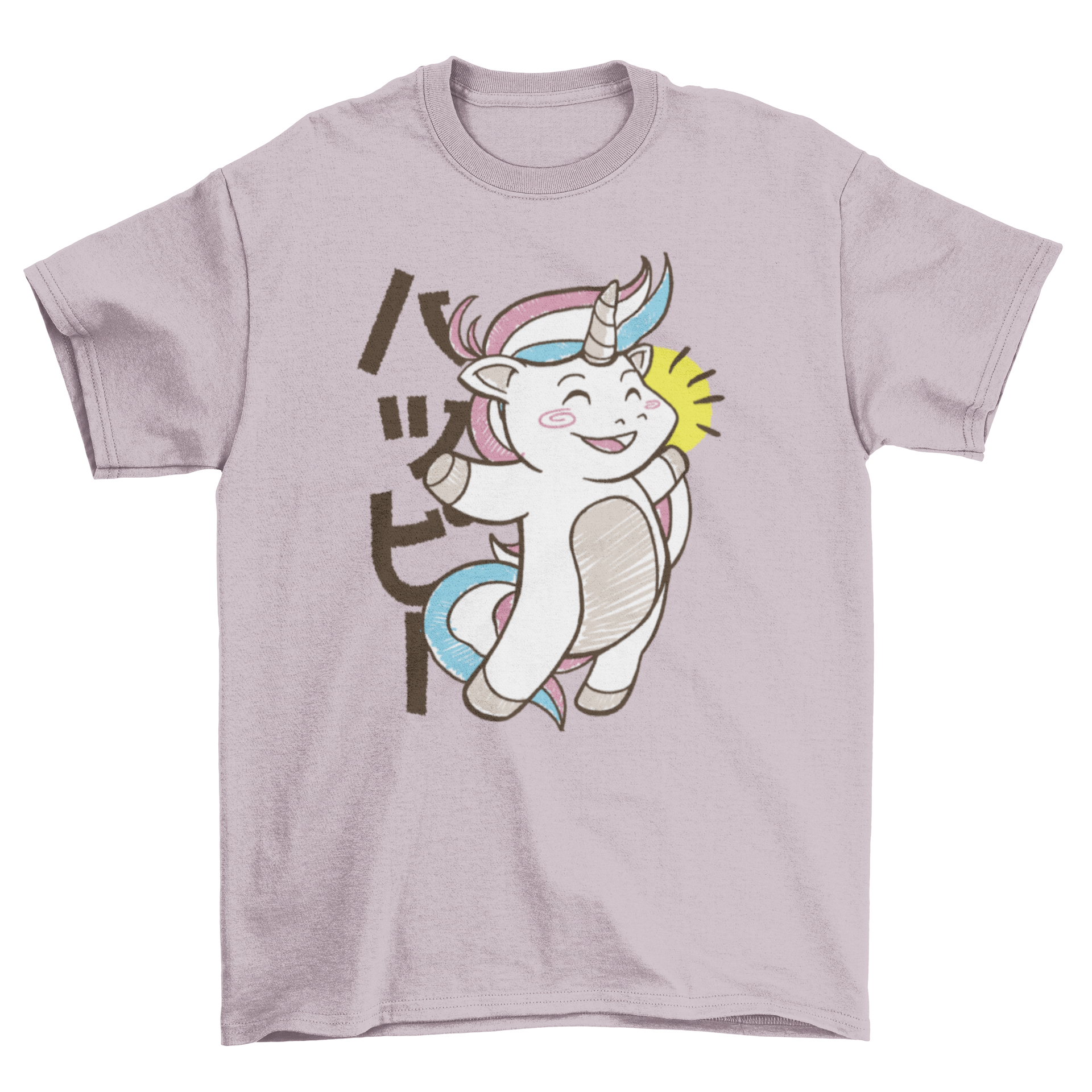 A vibrant Kawaii unicorn jumping happily on a t-shirt, showcasing a playful and colorful design.