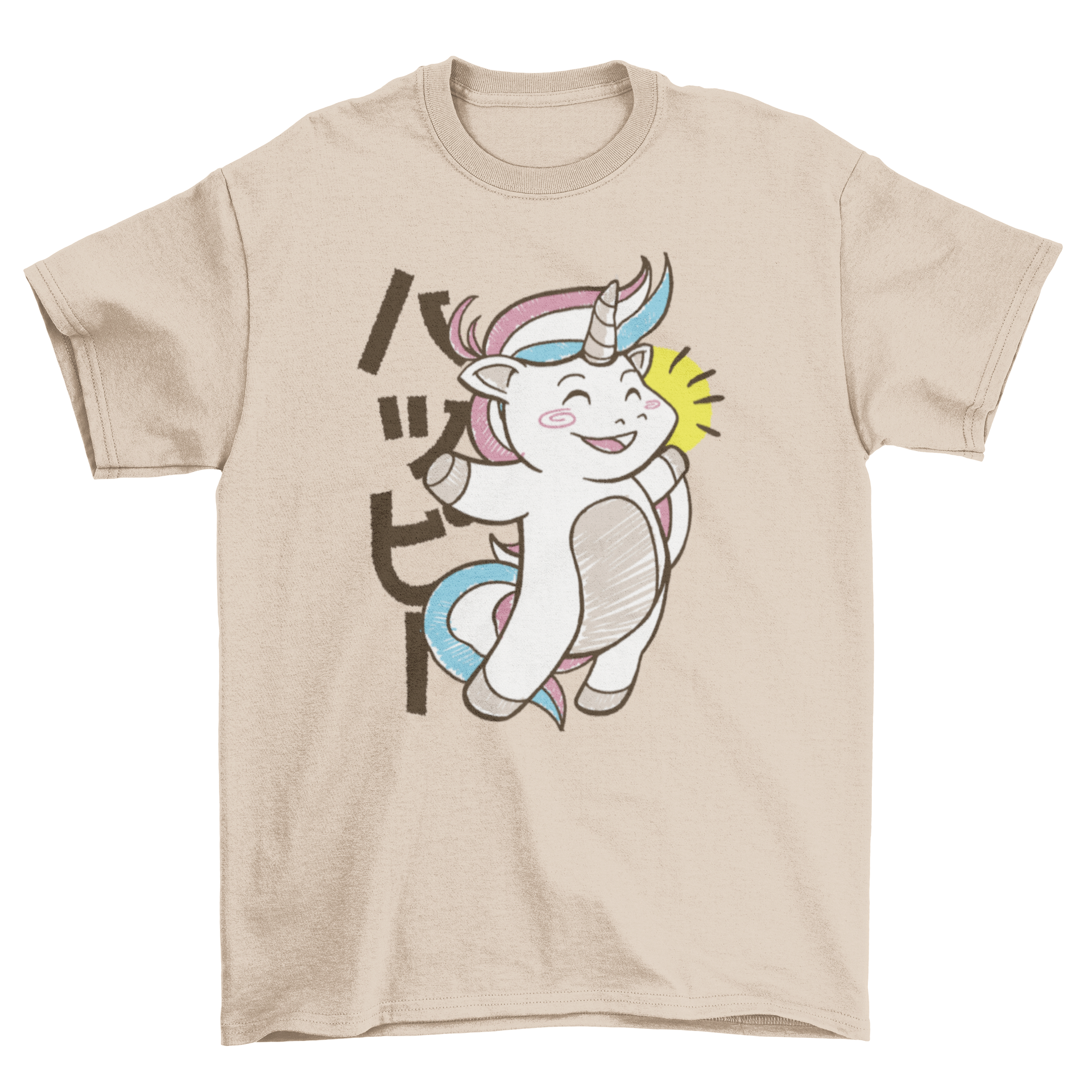 A vibrant Kawaii unicorn jumping happily on a t-shirt, showcasing a playful and colorful design.