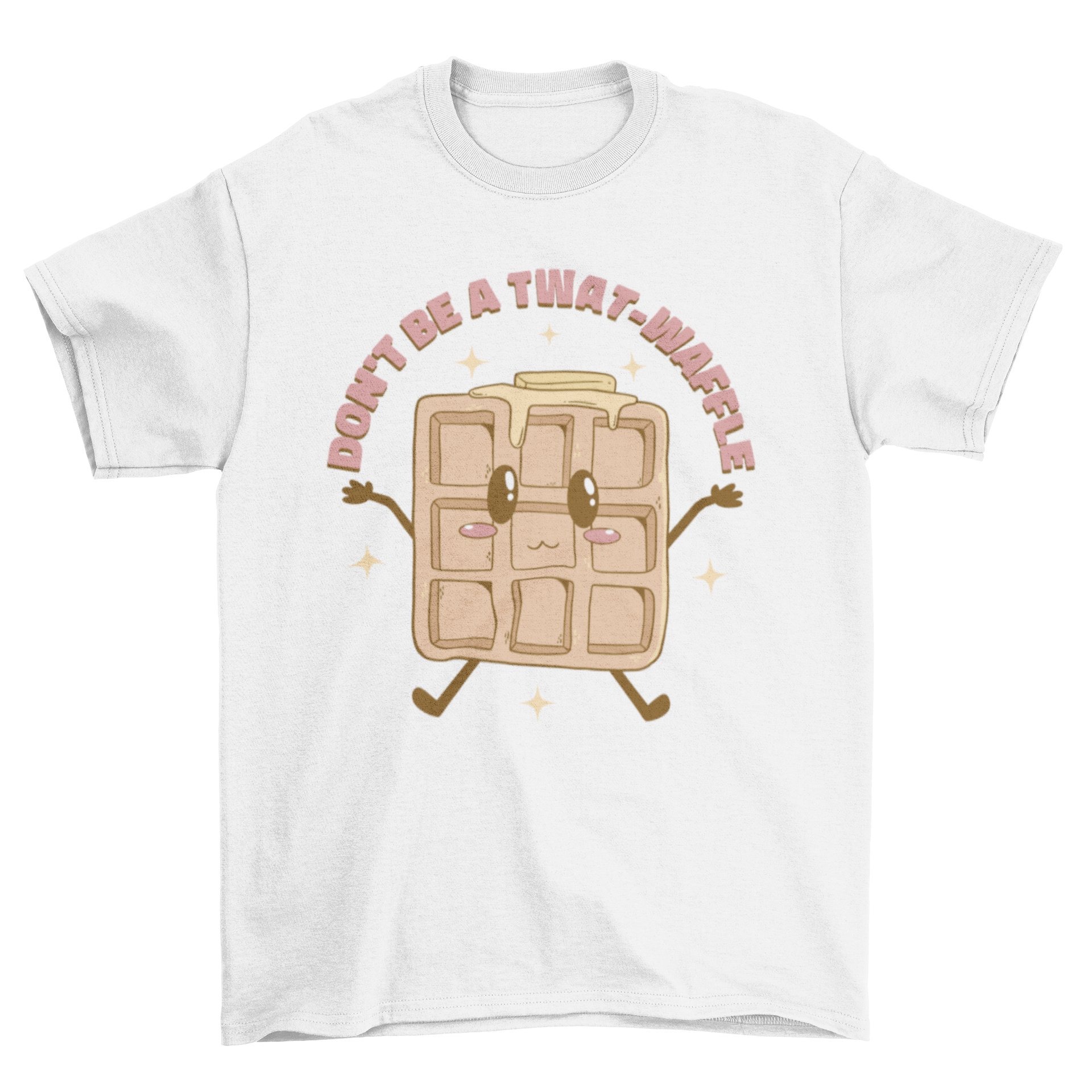 Kawaii waffle quote t-shirt featuring a cute waffle graphic and the quote 'Don't be a twat-waffle' in a playful font.