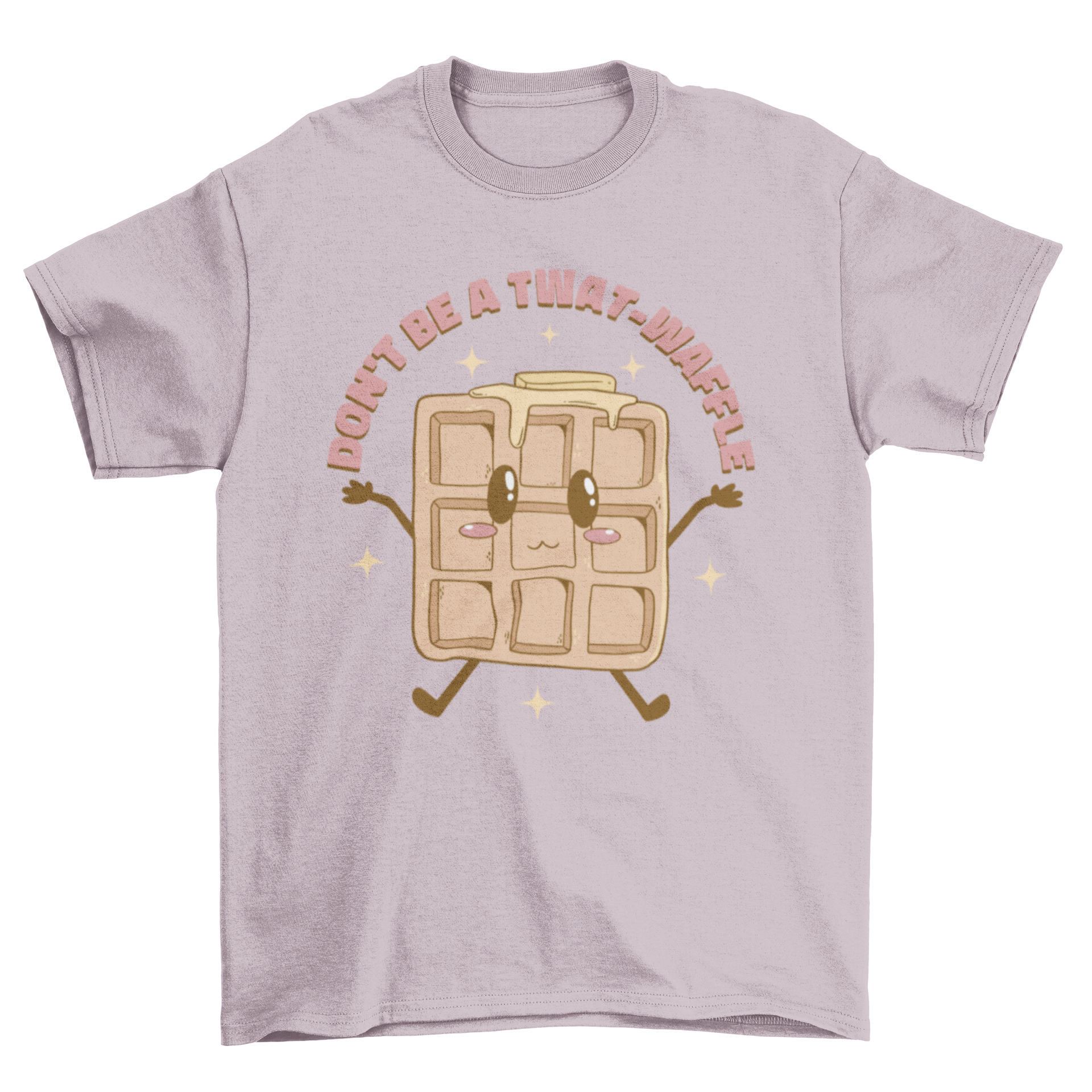 Kawaii waffle quote t-shirt featuring a cute waffle graphic and the quote 'Don't be a twat-waffle' in a playful font.