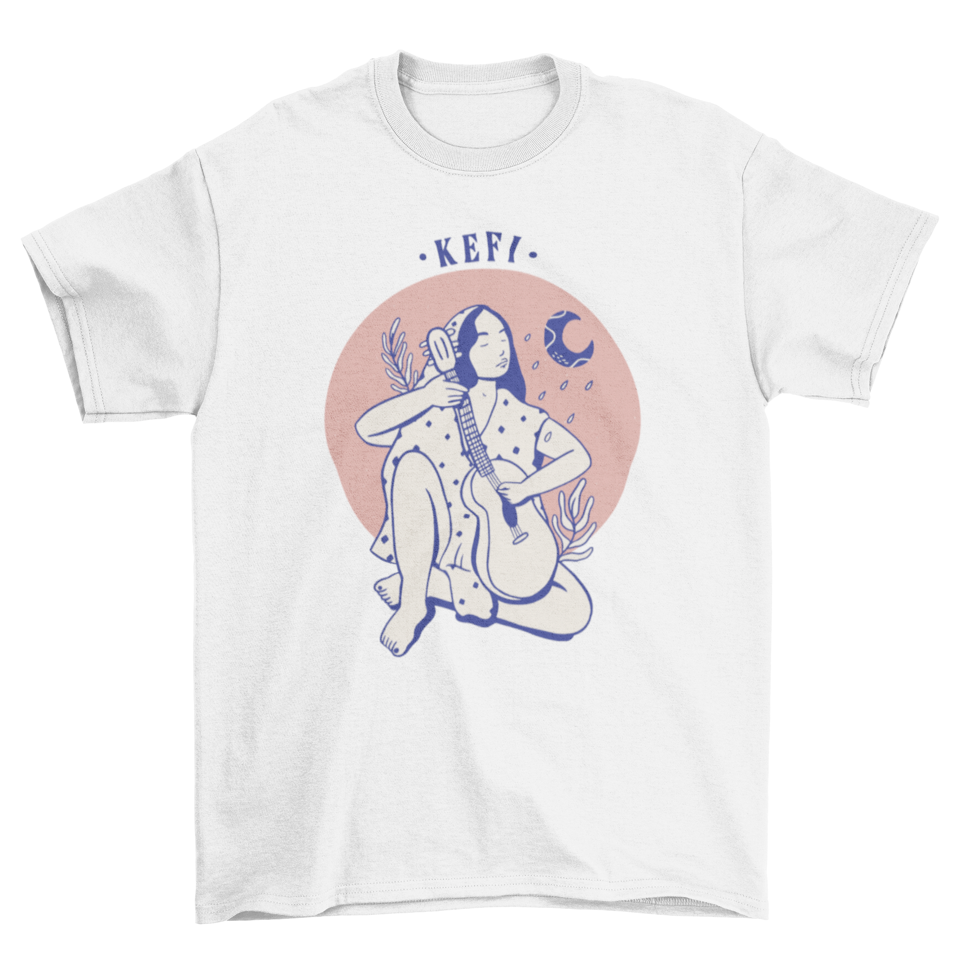 Kefi joy woman t-shirt featuring a woman playing guitar with Greek quote.