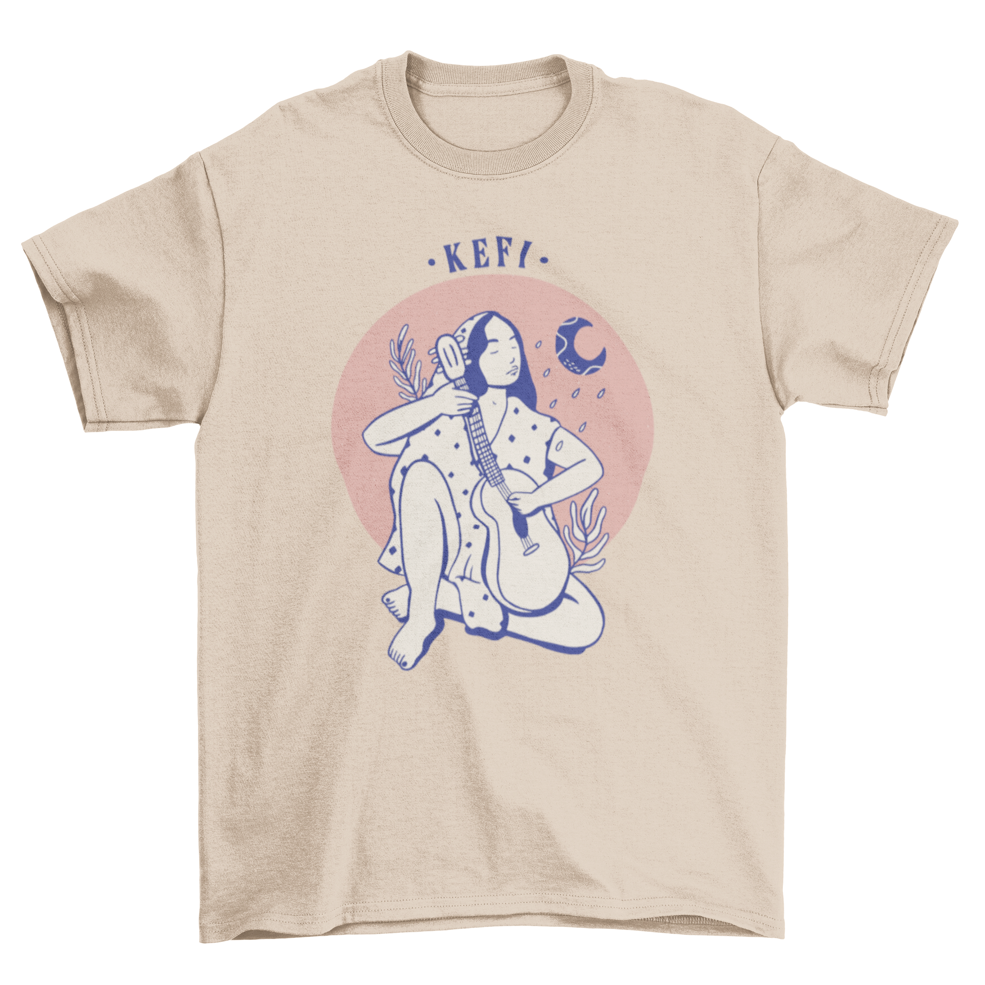 Kefi joy woman t-shirt featuring a woman playing guitar with Greek quote.