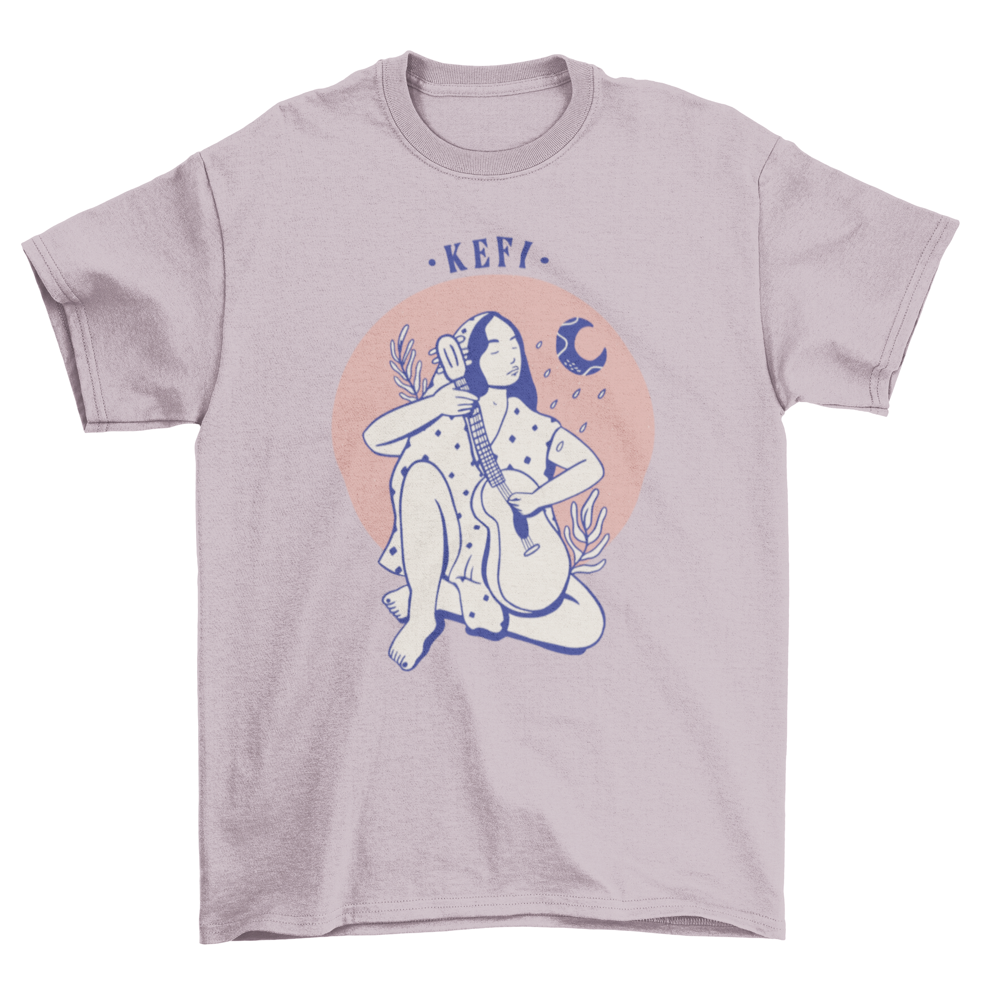 Kefi joy woman t-shirt featuring a woman playing guitar with Greek quote.