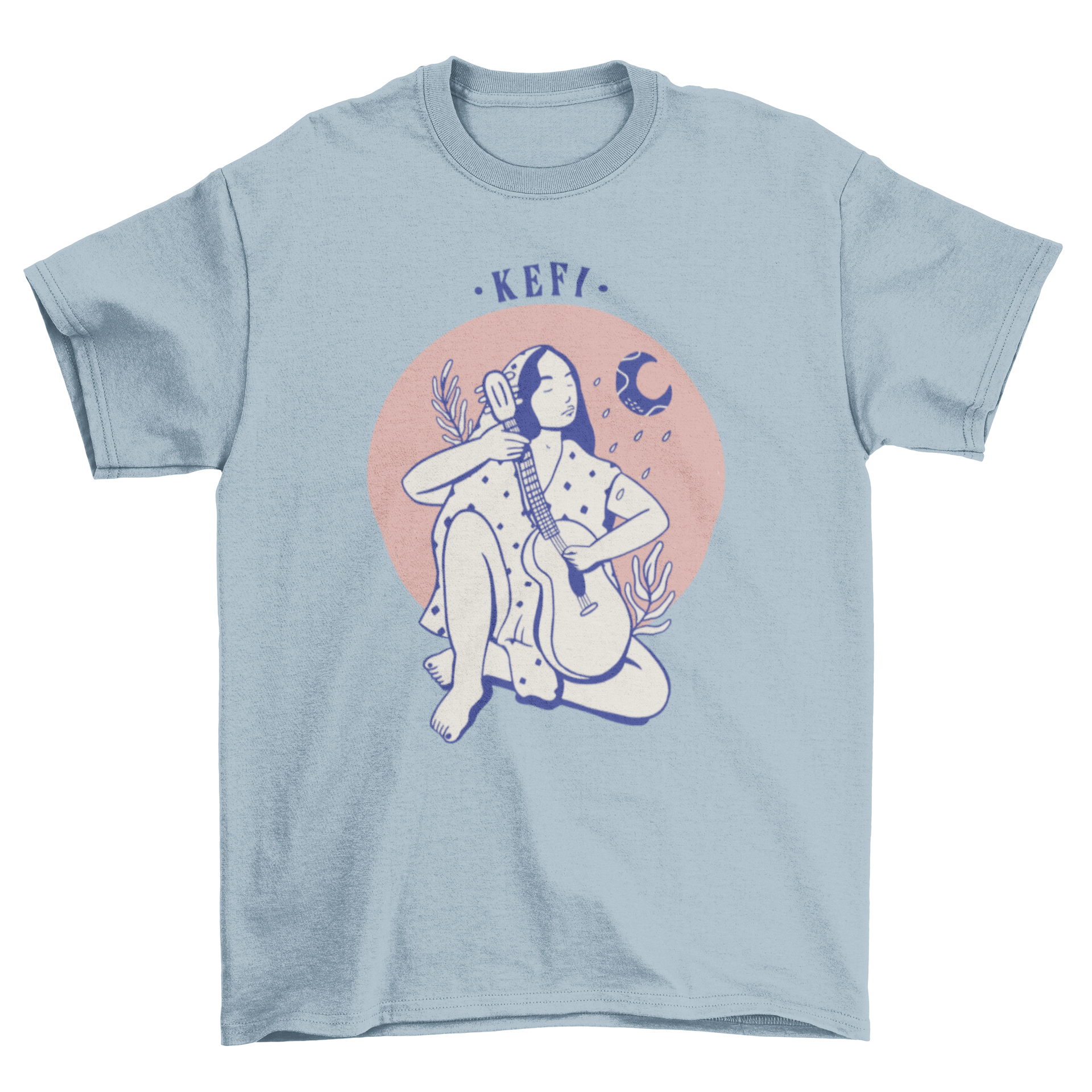 Kefi joy woman t-shirt featuring a woman playing guitar with Greek quote.