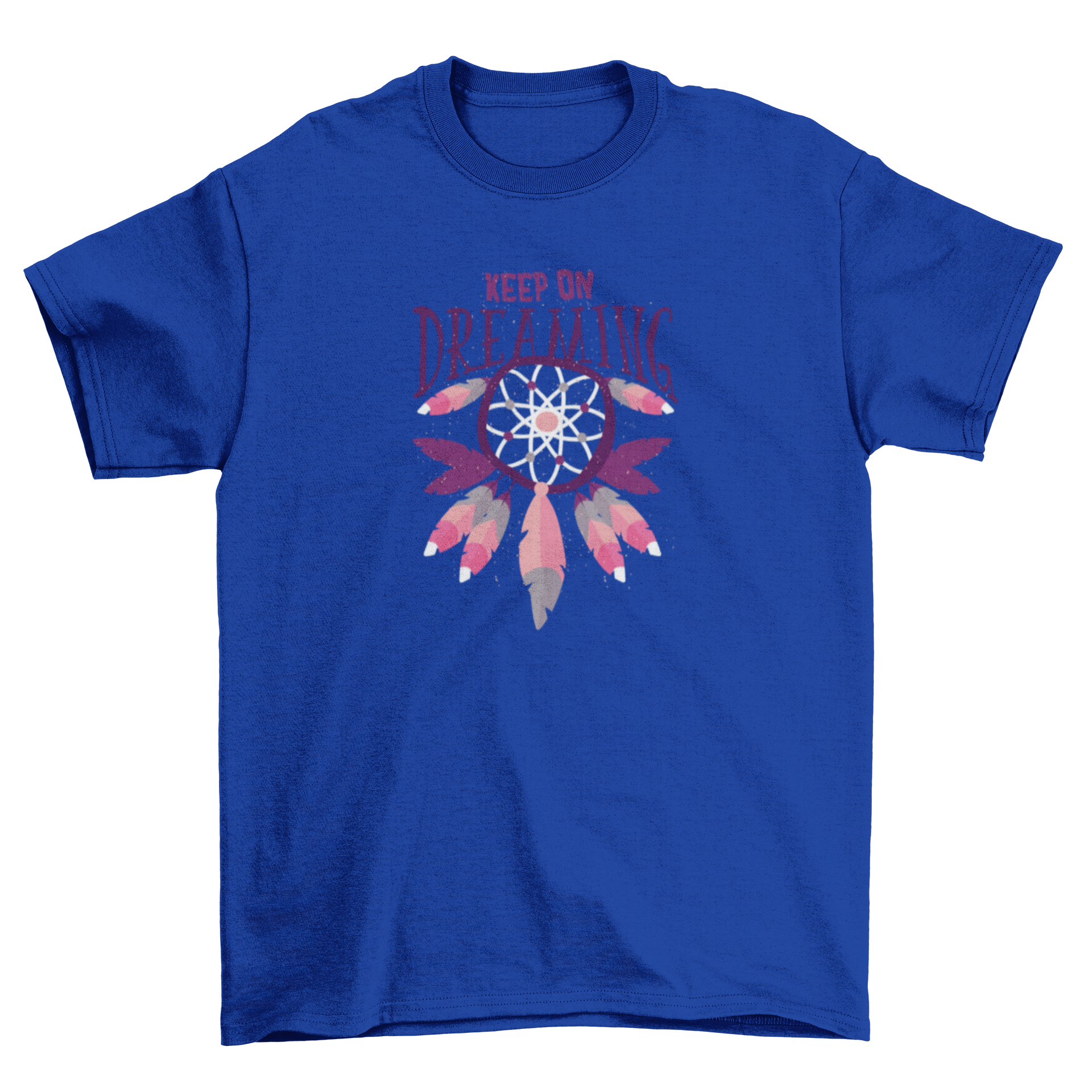 Keep On Dreaming T-shirt featuring a colorful dream catcher illustration with pink, white, blue, and purple feathers.