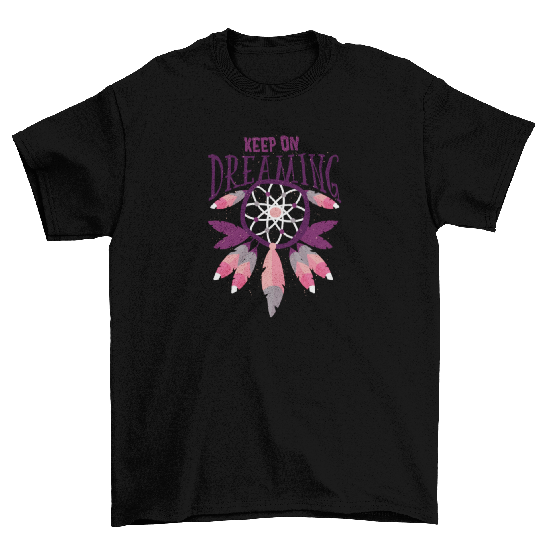 Keep On Dreaming T-shirt featuring a colorful dream catcher illustration with pink, white, blue, and purple feathers.