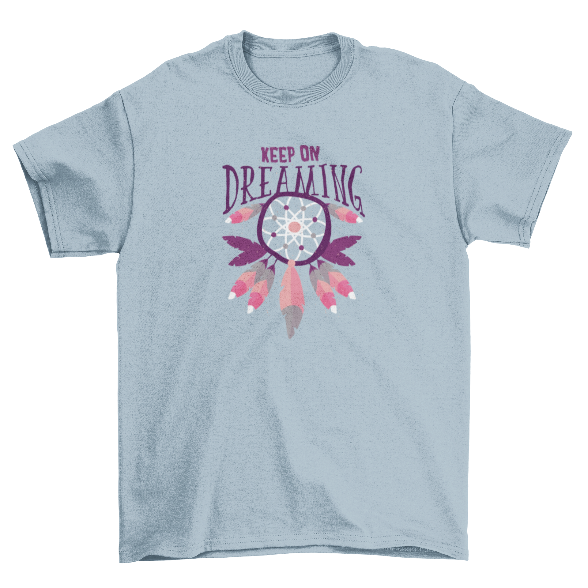 Keep On Dreaming T-shirt featuring a colorful dream catcher illustration with pink, white, blue, and purple feathers.