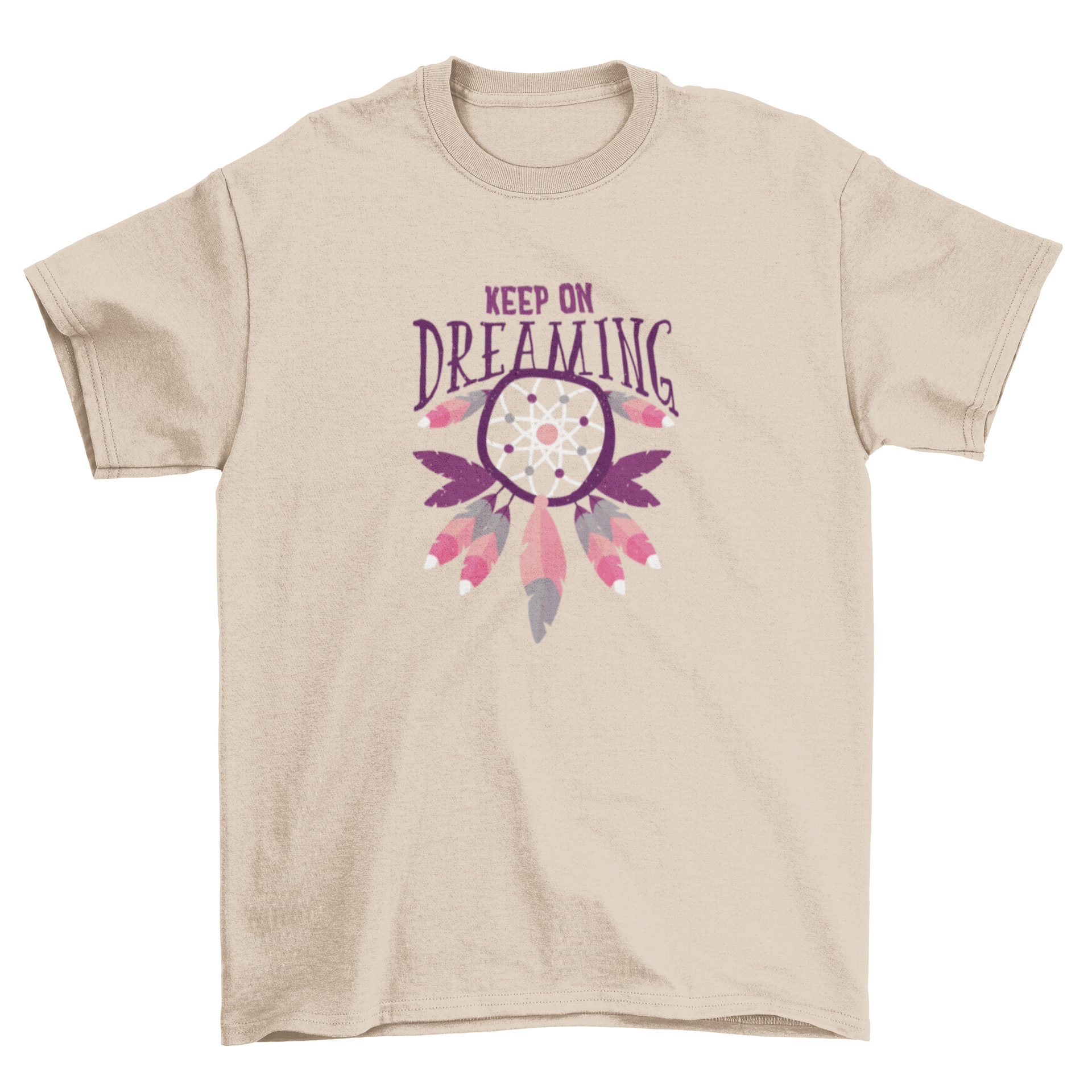 Keep On Dreaming T-shirt featuring a colorful dream catcher illustration with pink, white, blue, and purple feathers.