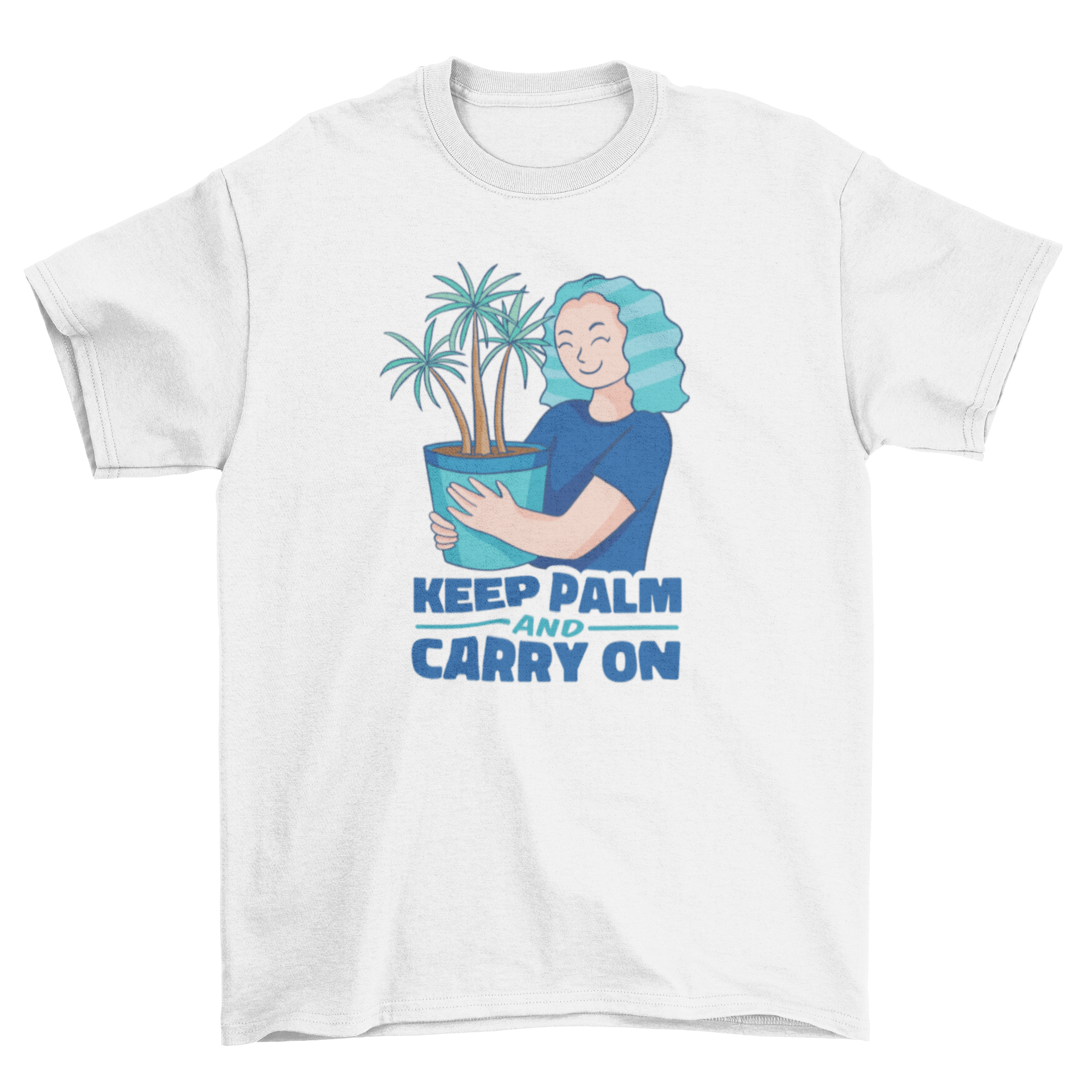 A woman hugging a houseplant while wearing a cute t-shirt with the caption 'Keep palm and carry on'.