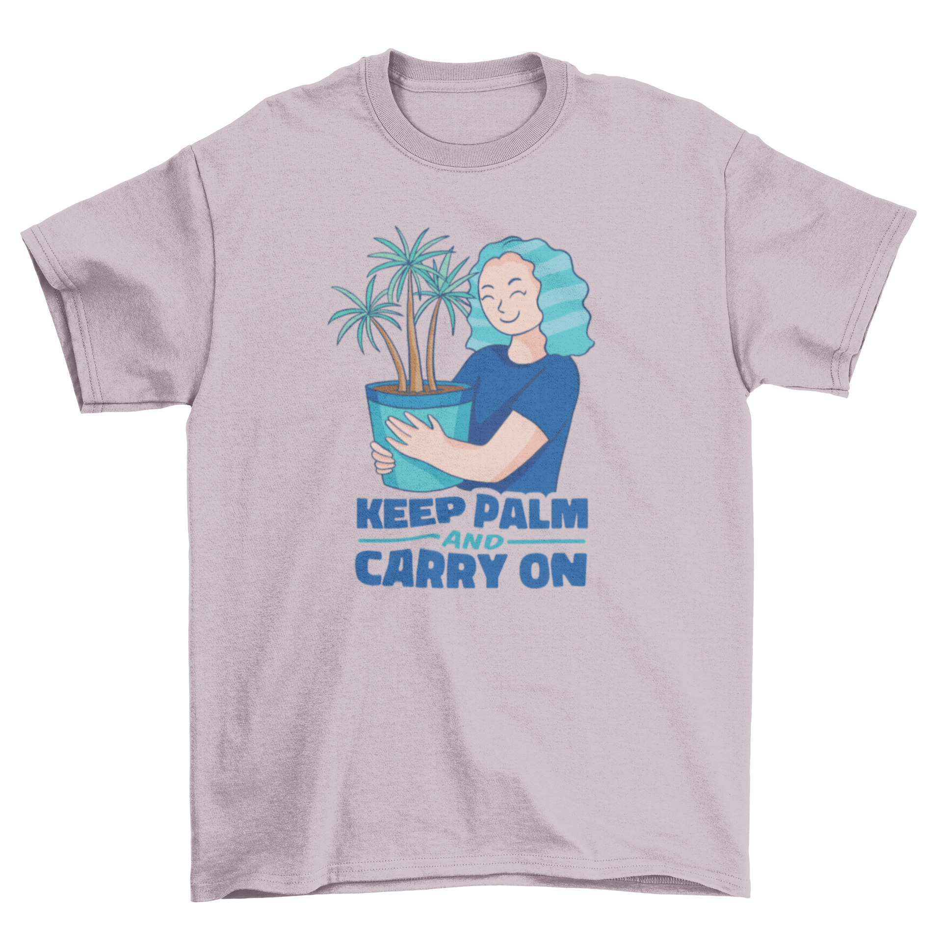 A woman hugging a houseplant while wearing a cute t-shirt with the caption 'Keep palm and carry on'.