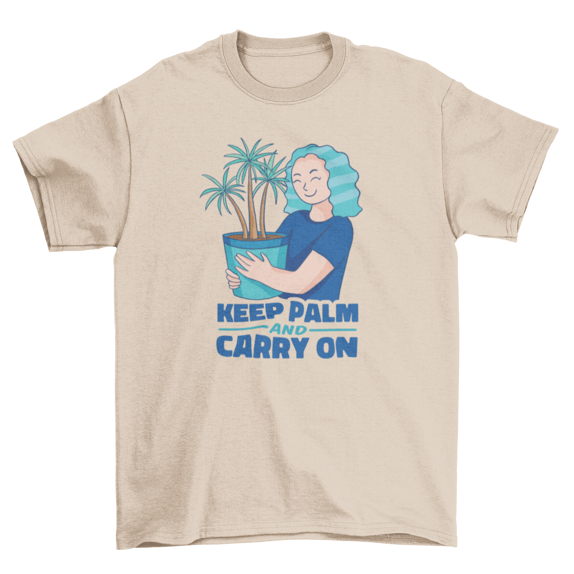 A woman hugging a houseplant while wearing a cute t-shirt with the caption 'Keep palm and carry on'.