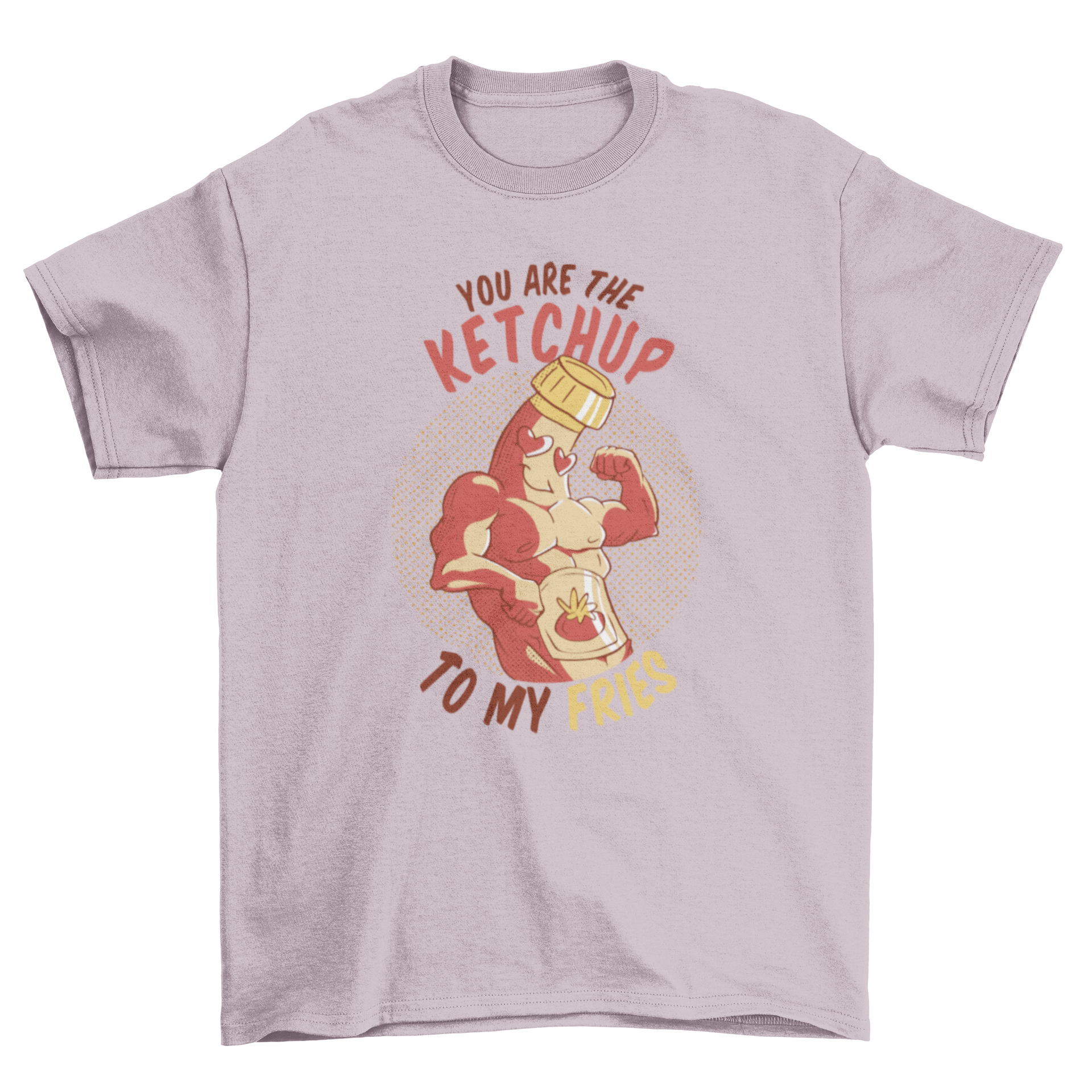 A playful t-shirt featuring a ketchup bottle character and the quote 'You are the ketchup to my fries' in vibrant colors.