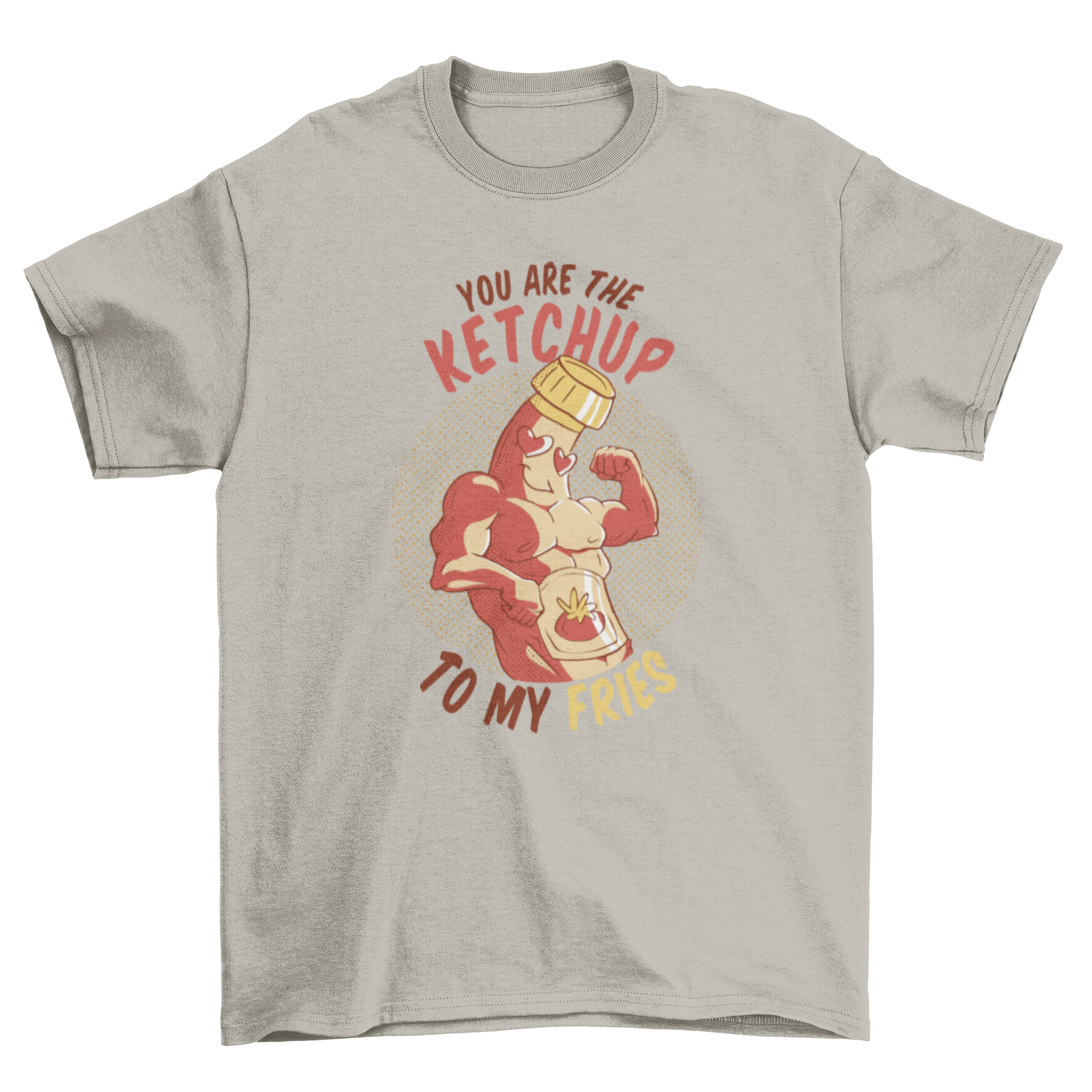 A playful t-shirt featuring a ketchup bottle character and the quote 'You are the ketchup to my fries' in vibrant colors.