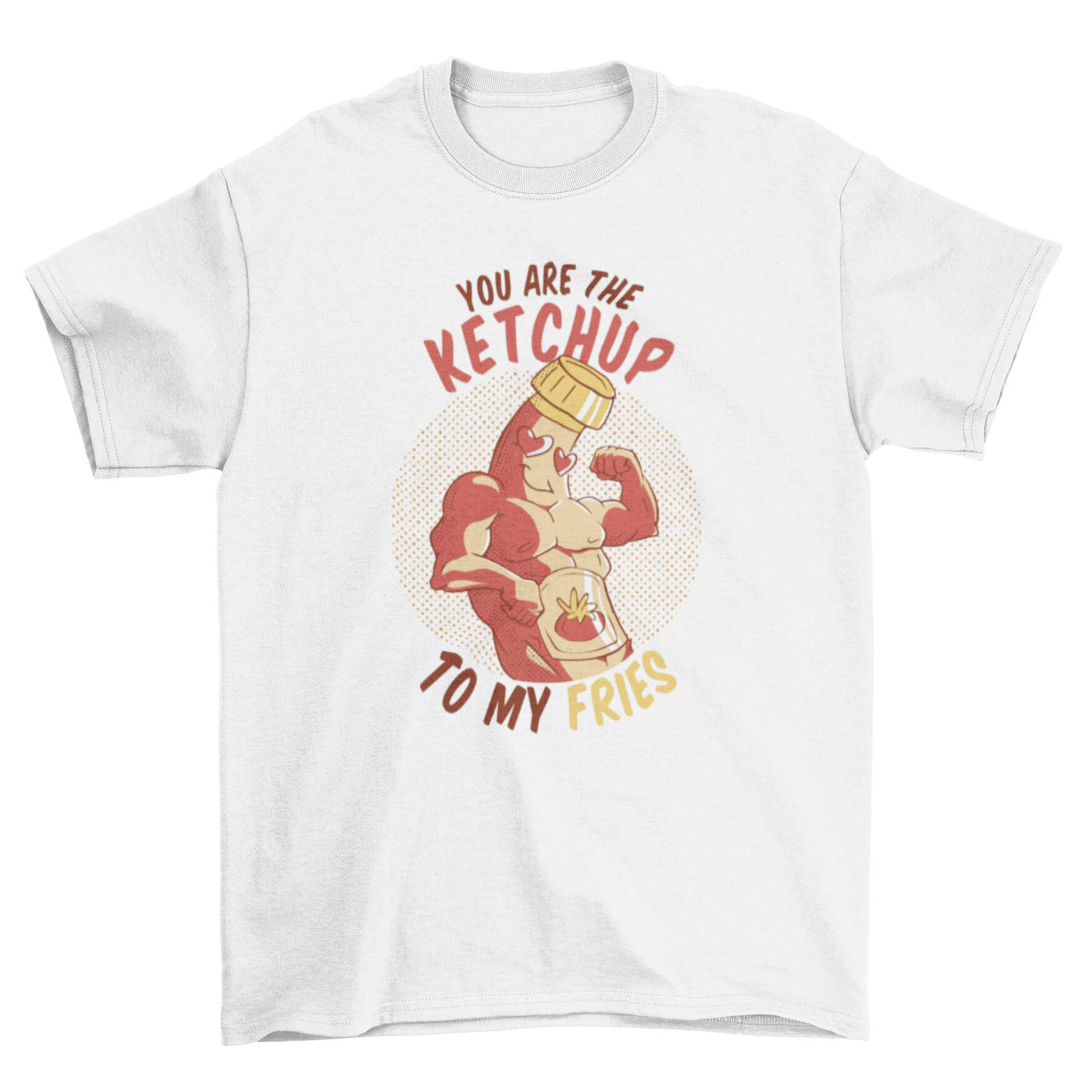 A playful t-shirt featuring a ketchup bottle character and the quote 'You are the ketchup to my fries' in vibrant colors.