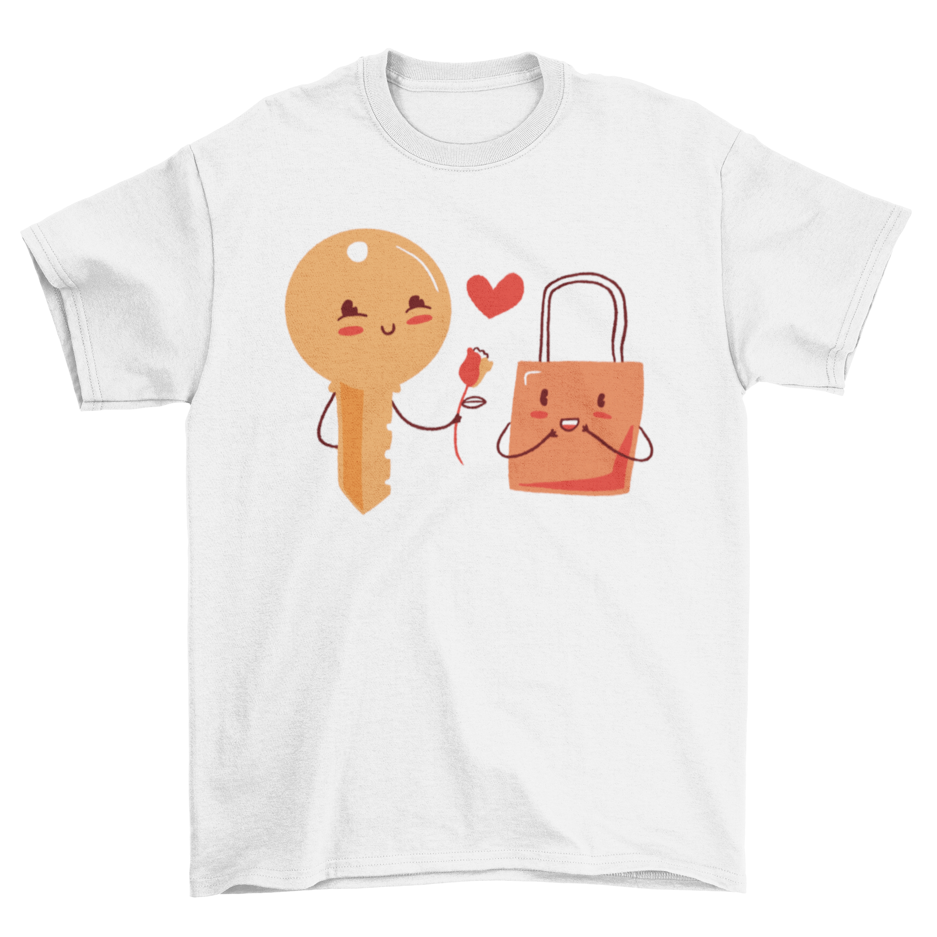 A romantic t-shirt featuring a key giving a flower to a lock, symbolizing love and connection.