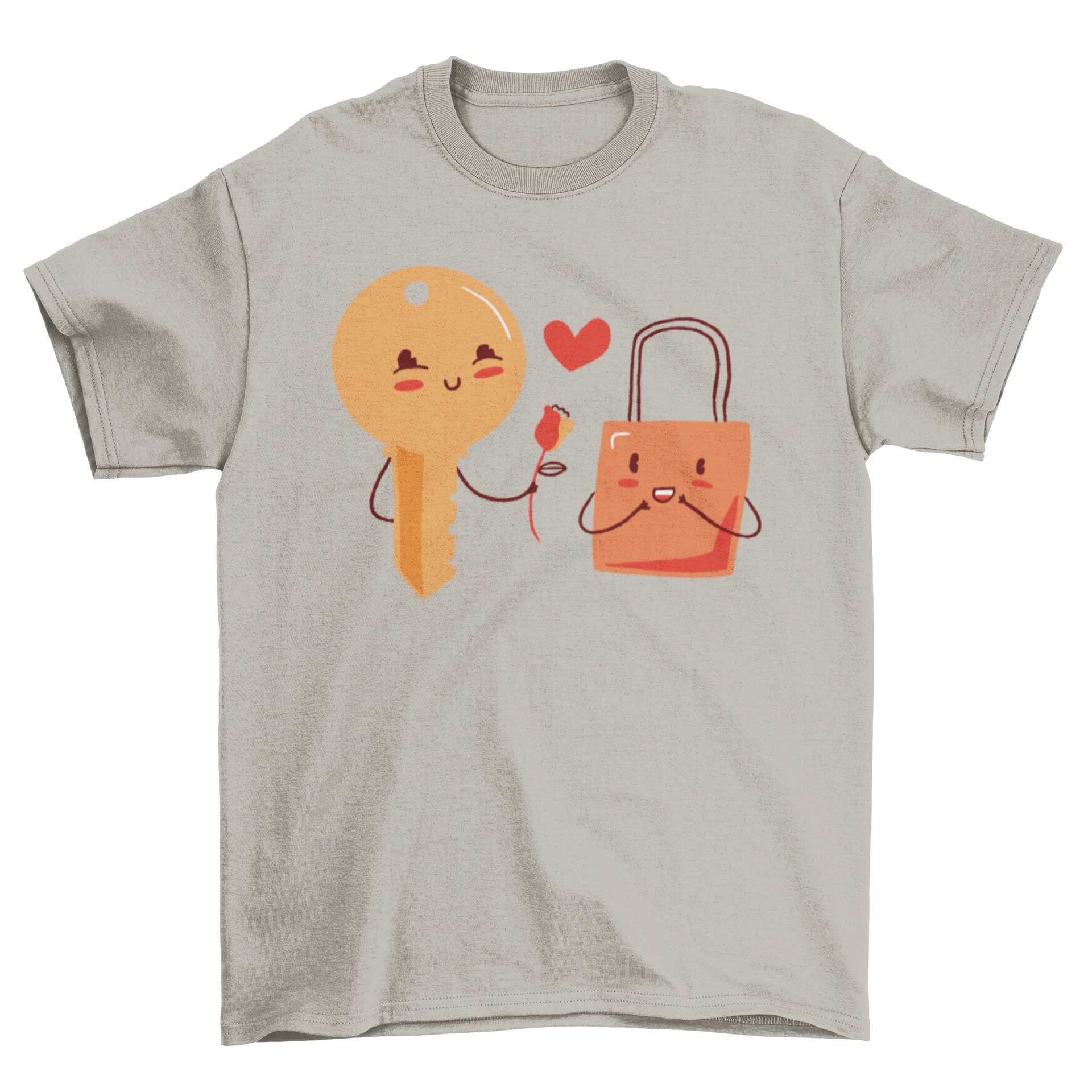 A romantic t-shirt featuring a key giving a flower to a lock, symbolizing love and connection.