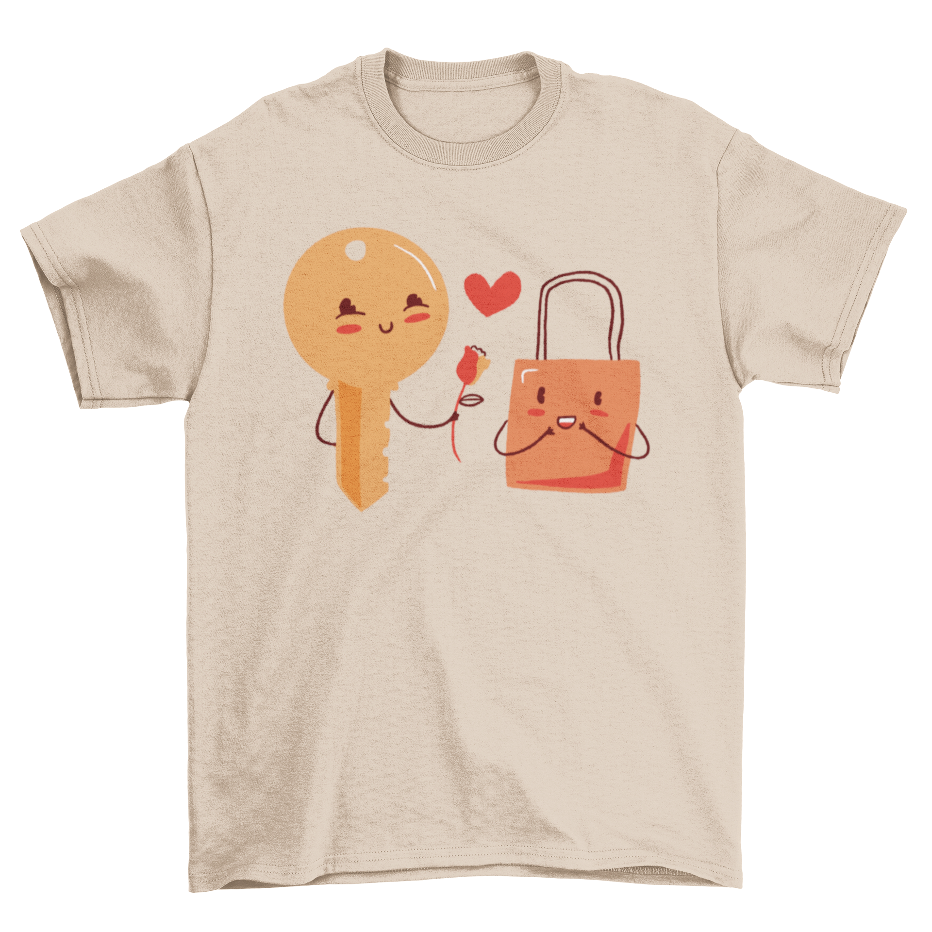 A romantic t-shirt featuring a key giving a flower to a lock, symbolizing love and connection.