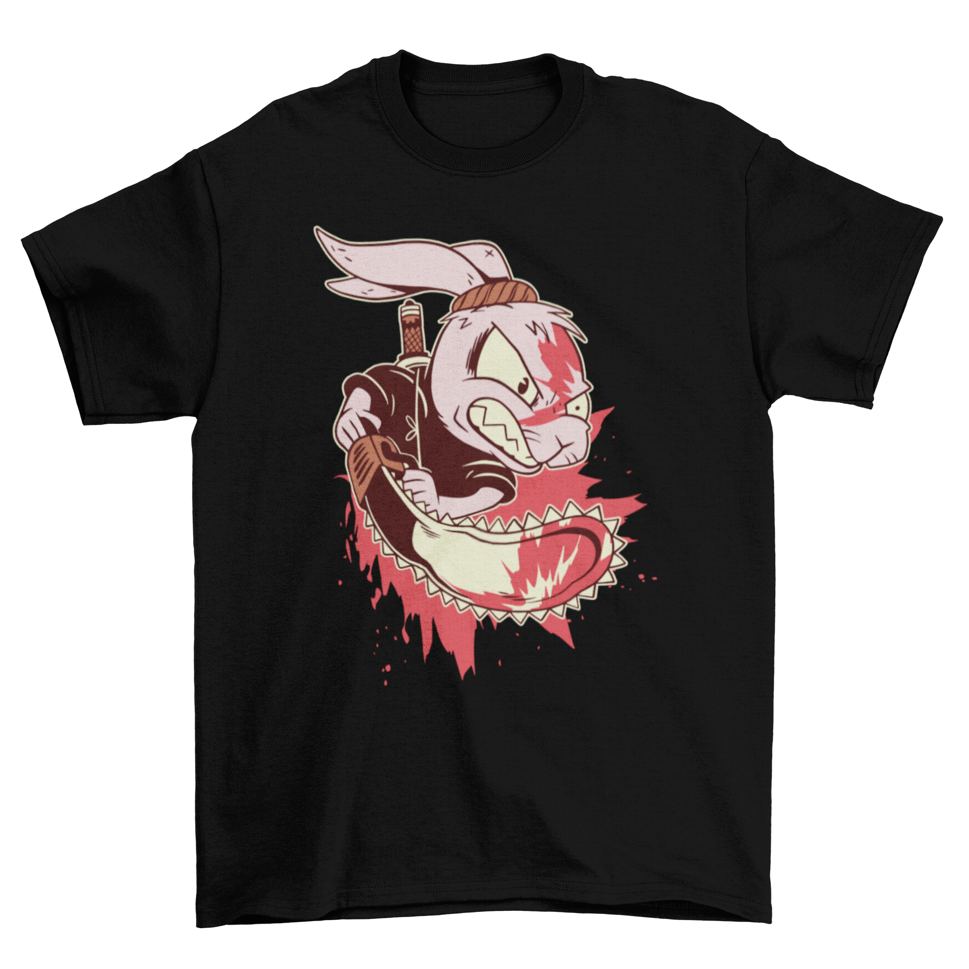 Killer Rabbit t-shirt design featuring a mad rabbit with a bloody chainsaw, showcasing a creepy and edgy graphic.