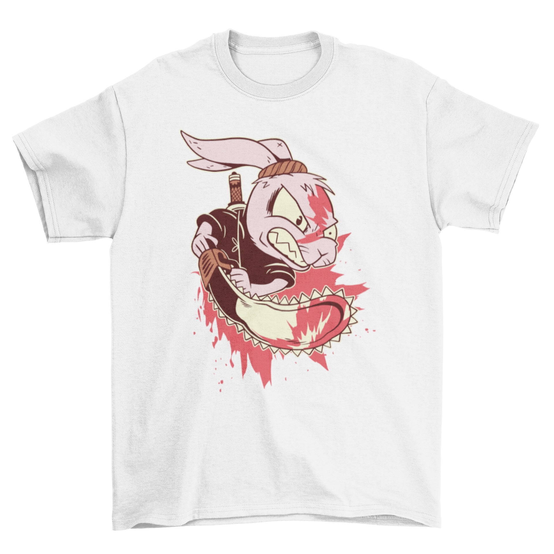 Killer Rabbit t-shirt design featuring a mad rabbit with a bloody chainsaw, showcasing a creepy and edgy graphic.