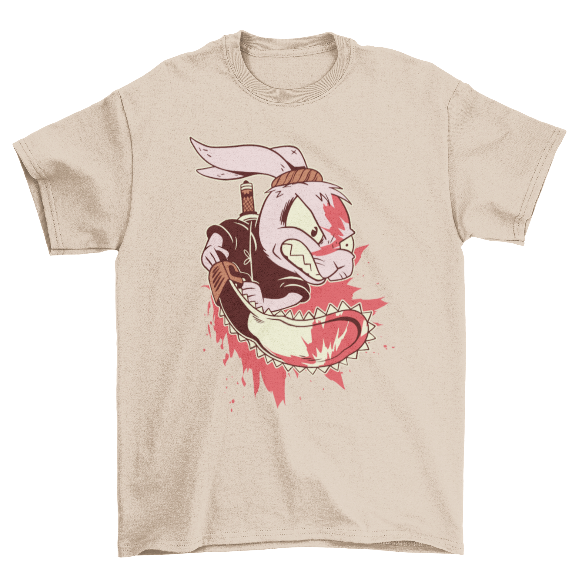 Killer Rabbit t-shirt design featuring a mad rabbit with a bloody chainsaw, showcasing a creepy and edgy graphic.