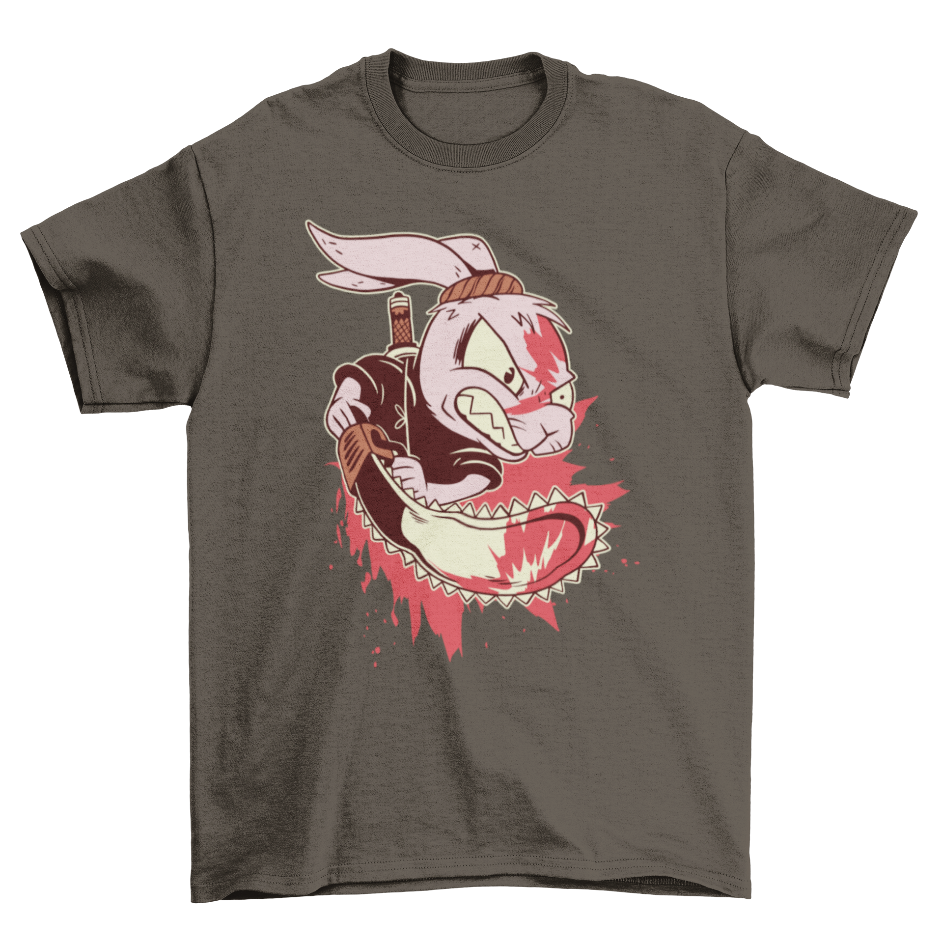 Killer Rabbit t-shirt design featuring a mad rabbit with a bloody chainsaw, showcasing a creepy and edgy graphic.