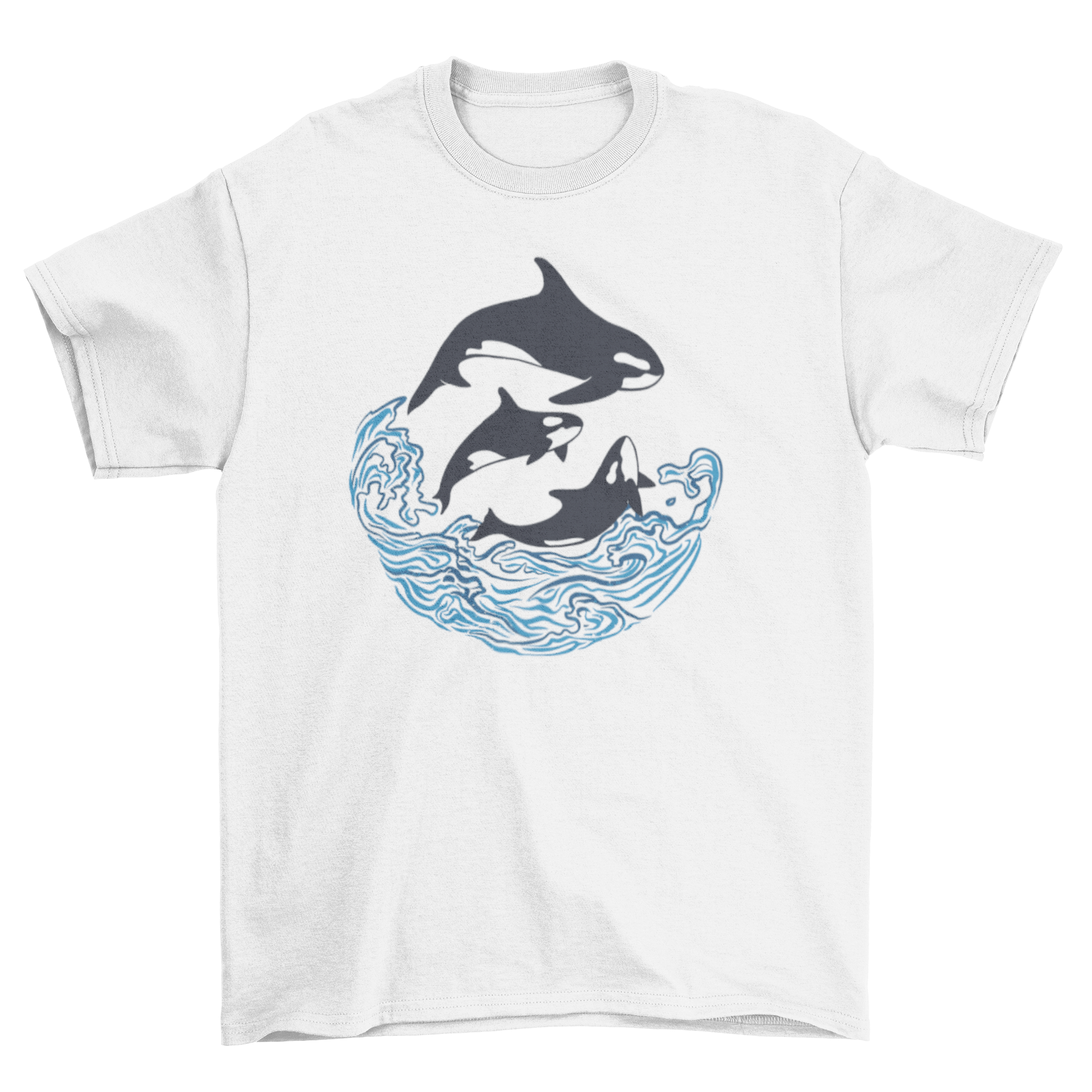 A stylish t-shirt featuring three killer whales swimming in a vibrant ocean design.