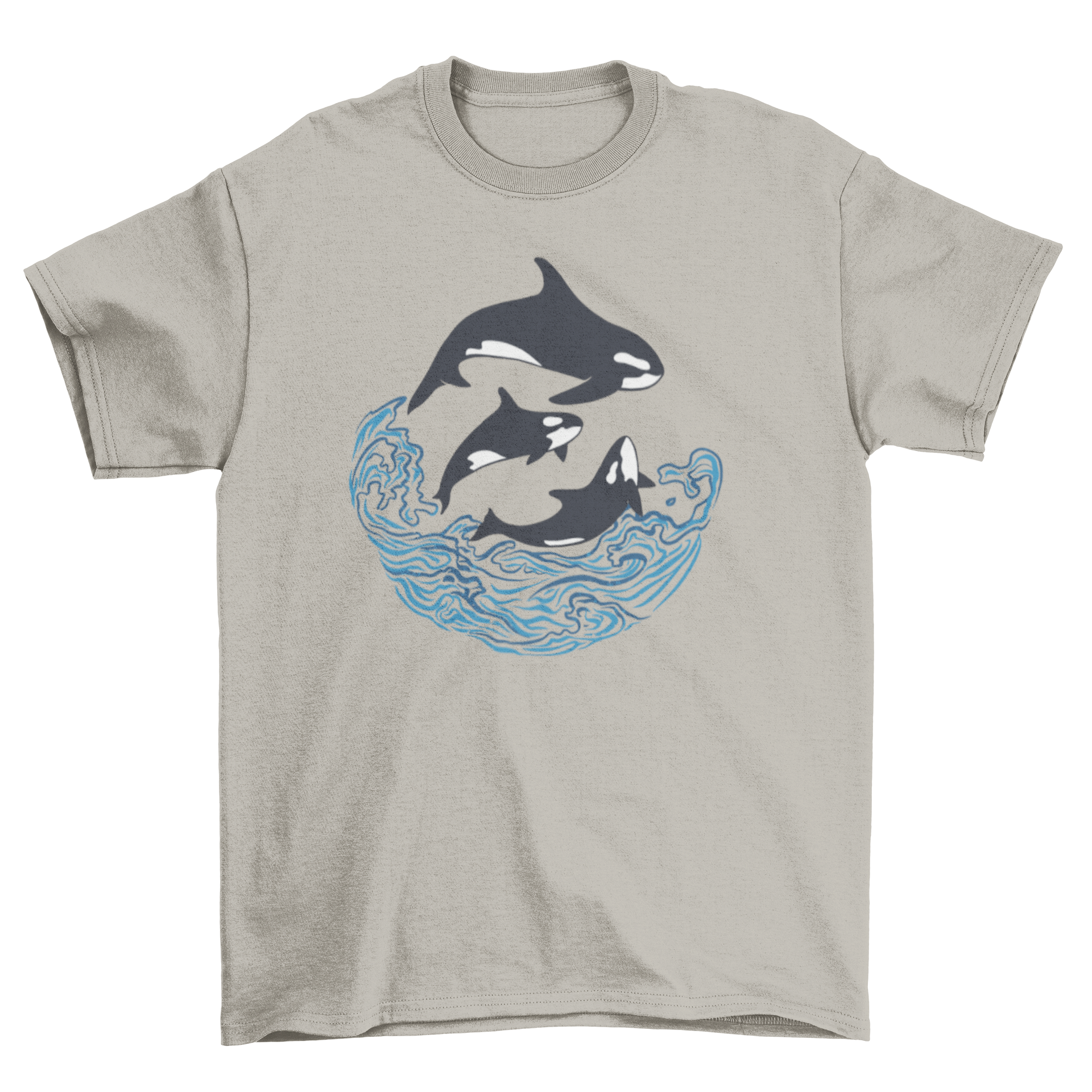 A stylish t-shirt featuring three killer whales swimming in a vibrant ocean design.