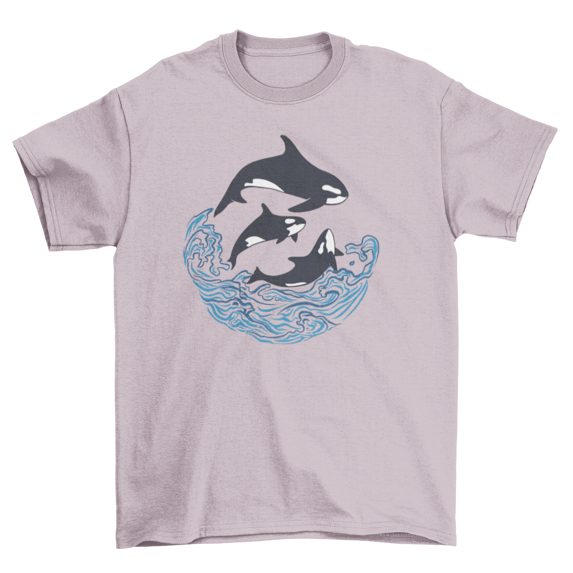 A stylish t-shirt featuring three killer whales swimming in a vibrant ocean design.