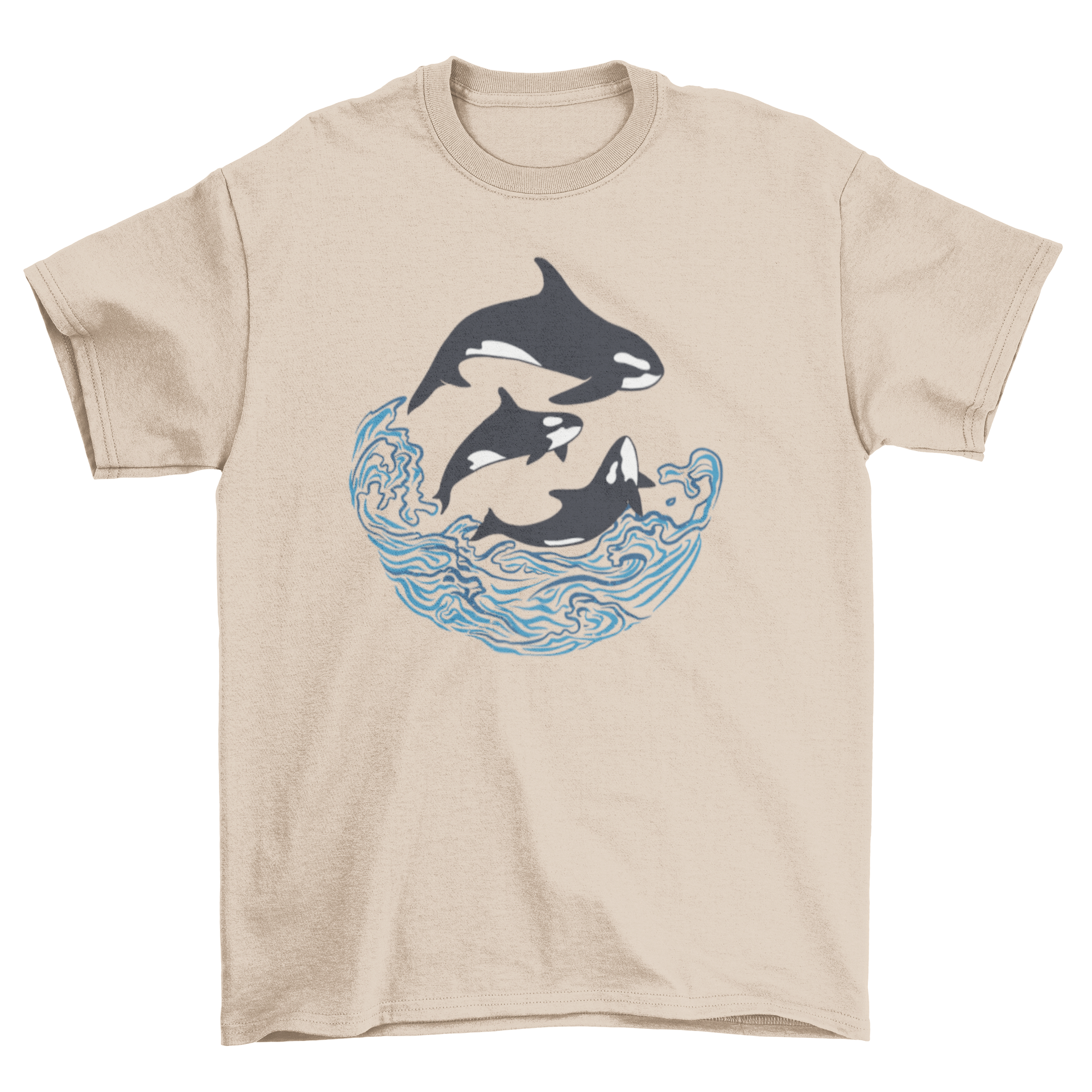 A stylish t-shirt featuring three killer whales swimming in a vibrant ocean design.