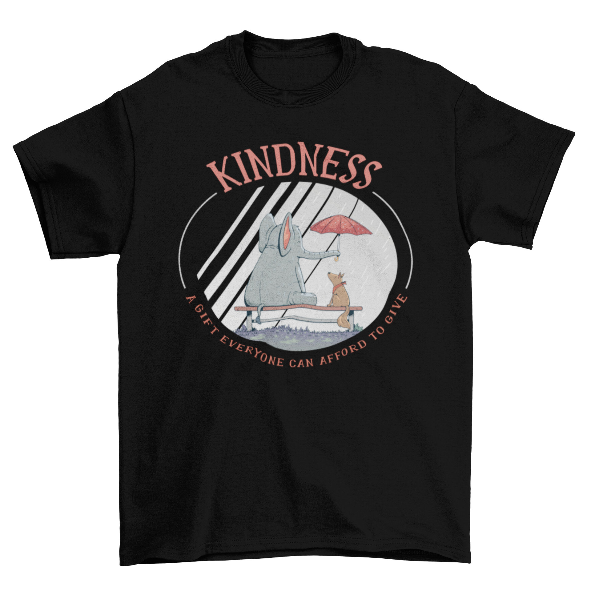 A soft t-shirt featuring a colorful illustration of an elephant and a dog with the quote about kindness.