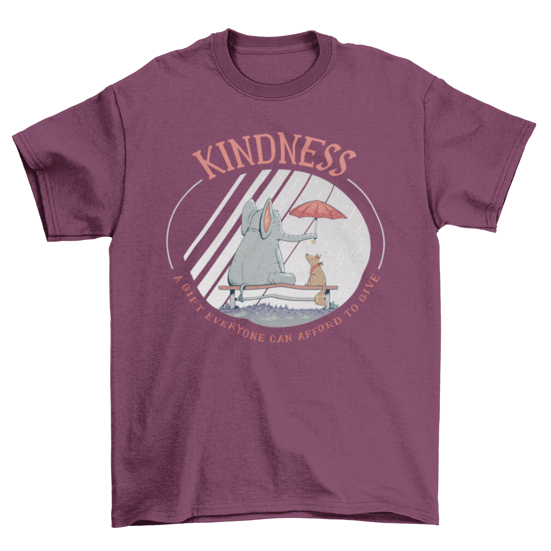 A soft t-shirt featuring a colorful illustration of an elephant and a dog with the quote about kindness.