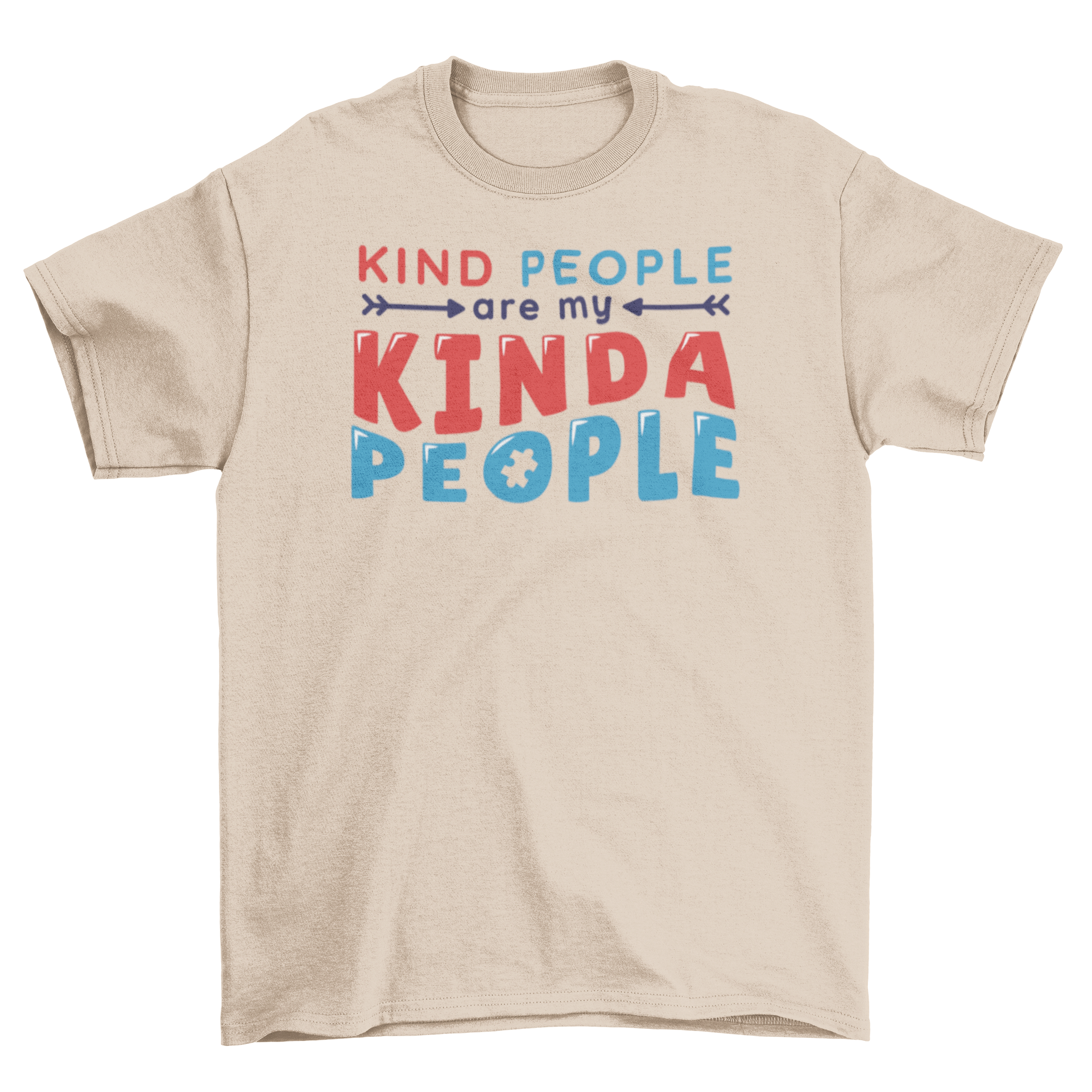 A white t-shirt featuring the quote 'KIND PEOPLE ARE MY KINDA PEOPLE' with a colorful puzzle piece design, symbolizing autism awareness.