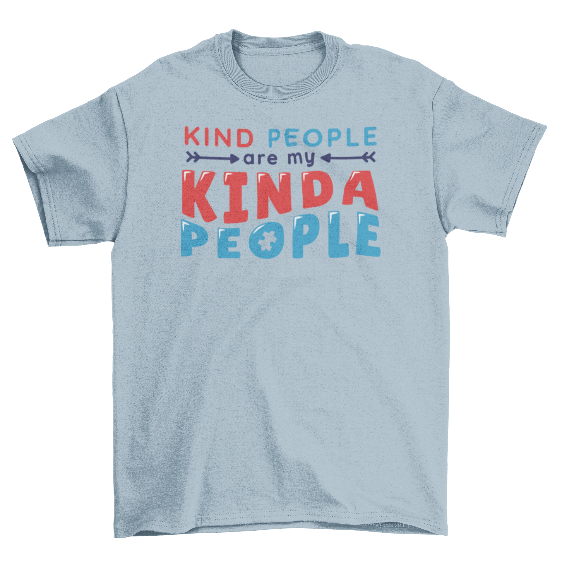 A white t-shirt featuring the quote 'KIND PEOPLE ARE MY KINDA PEOPLE' with a colorful puzzle piece design, symbolizing autism awareness.