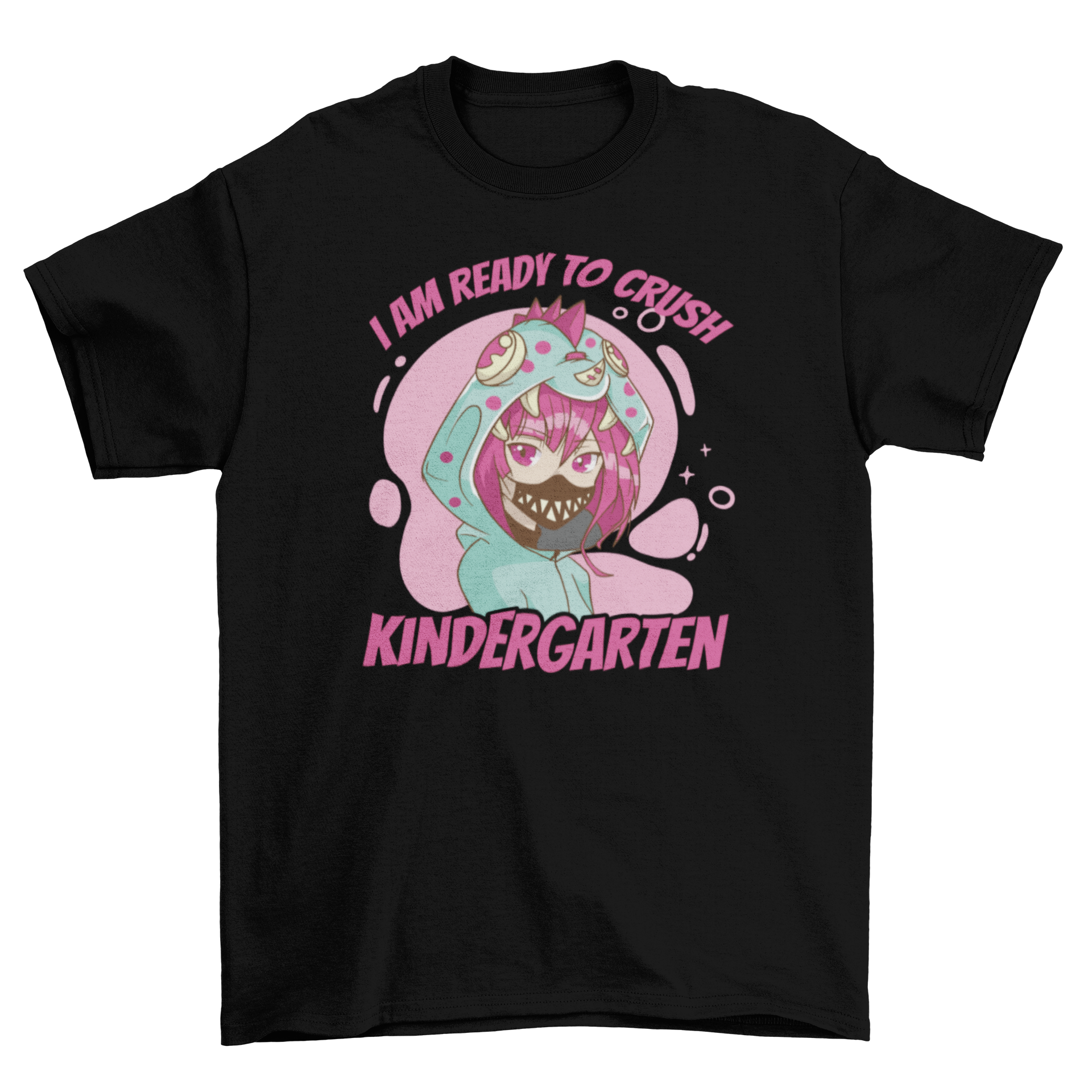 A colorful t-shirt featuring an anime girl dressed as a dinosaur with the quote 'I am ready to crush kindergarten'.