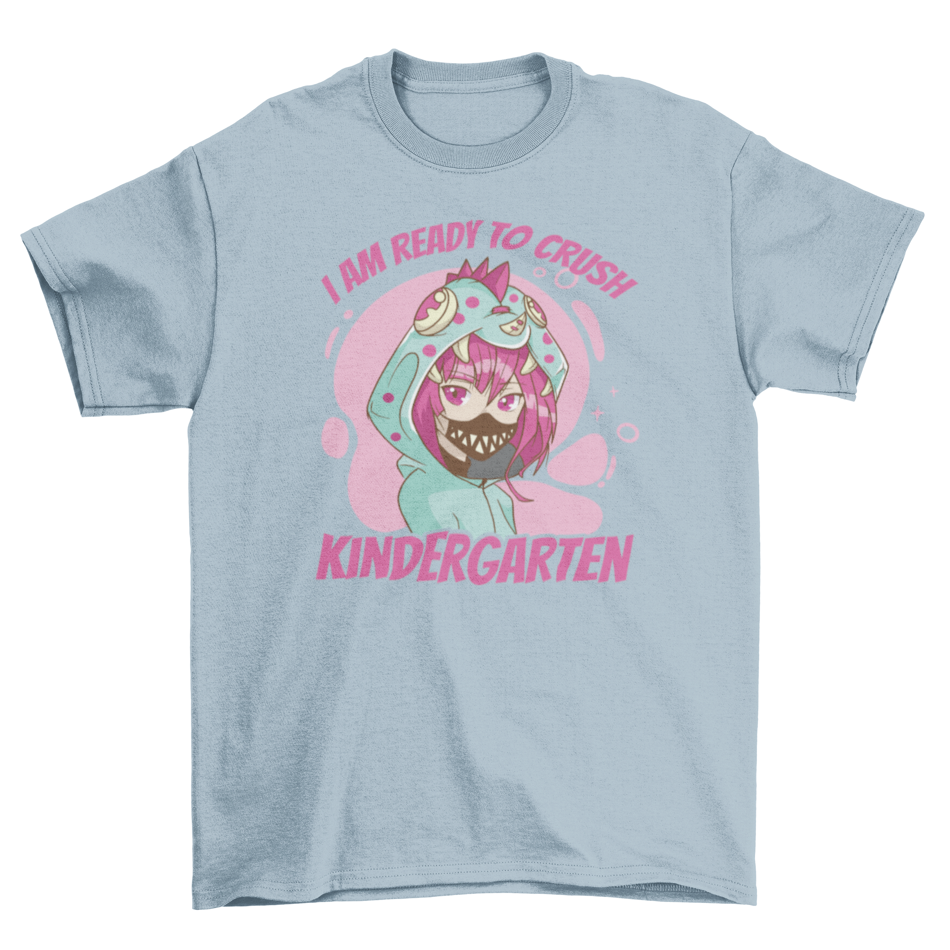 A colorful t-shirt featuring an anime girl dressed as a dinosaur with the quote 'I am ready to crush kindergarten'.